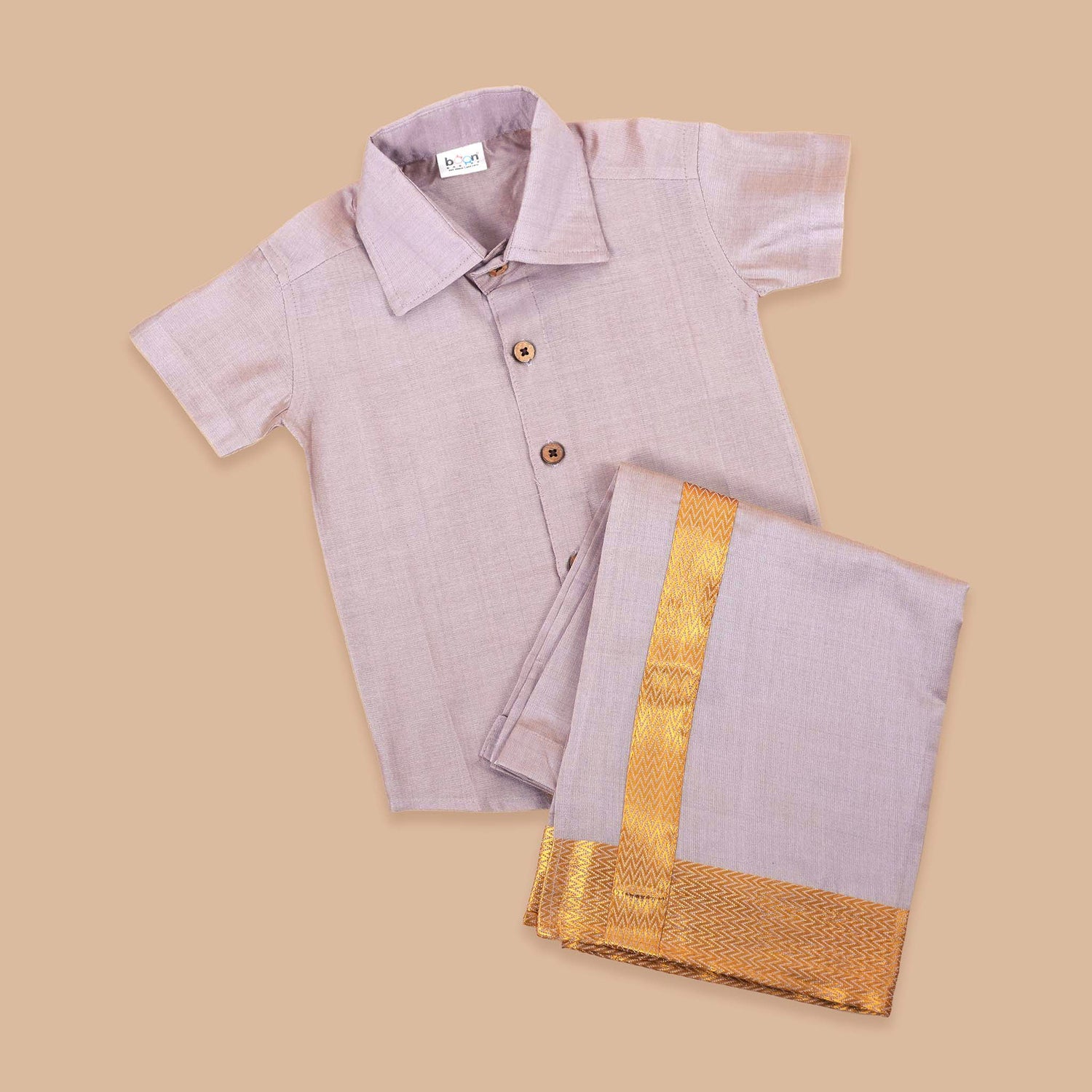 Purple Silk Shirt and Golden Border Pattu Dhoti Set for Baby Boys