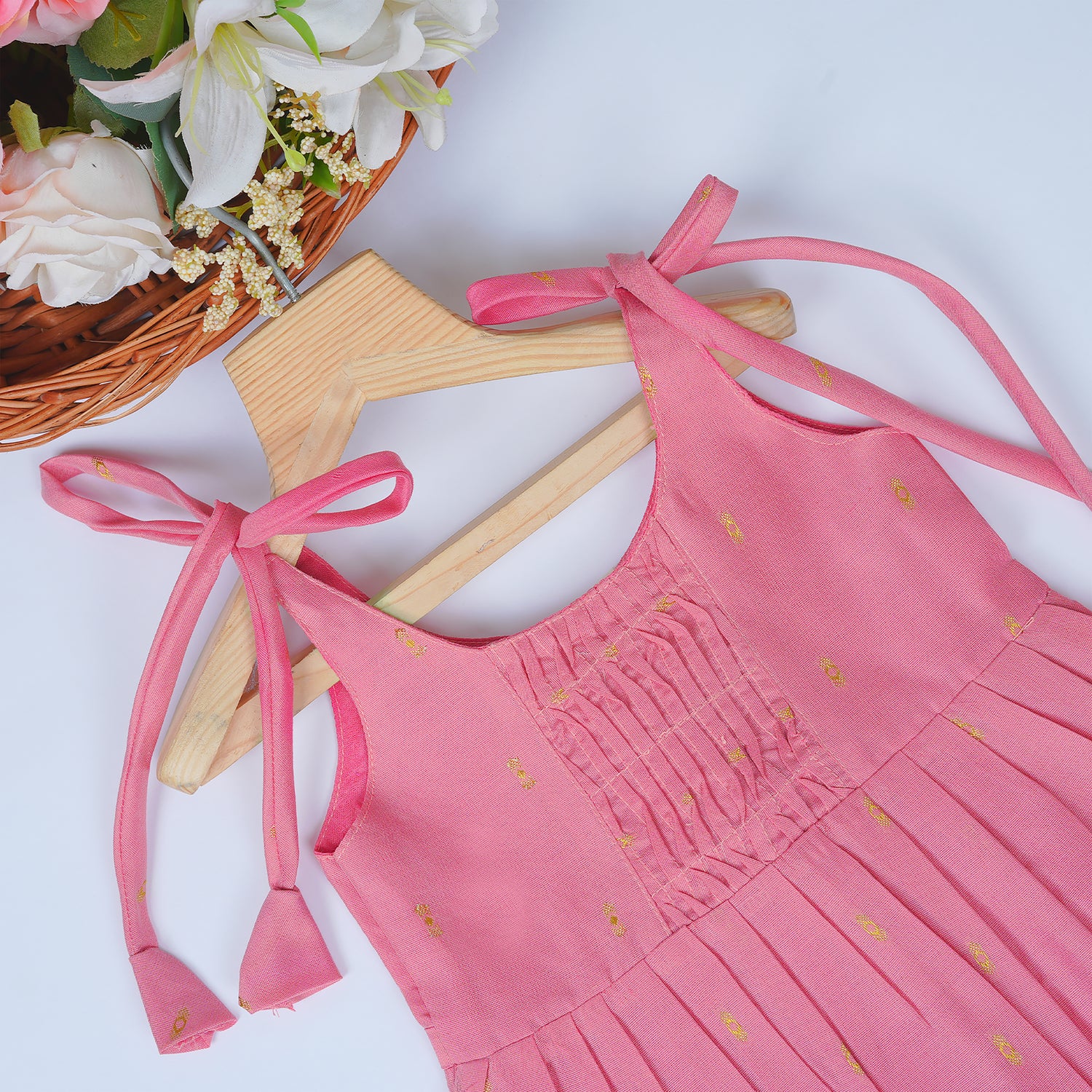 Baby Silk Knot Frock – Pink Gathered-Line Outdoor Look