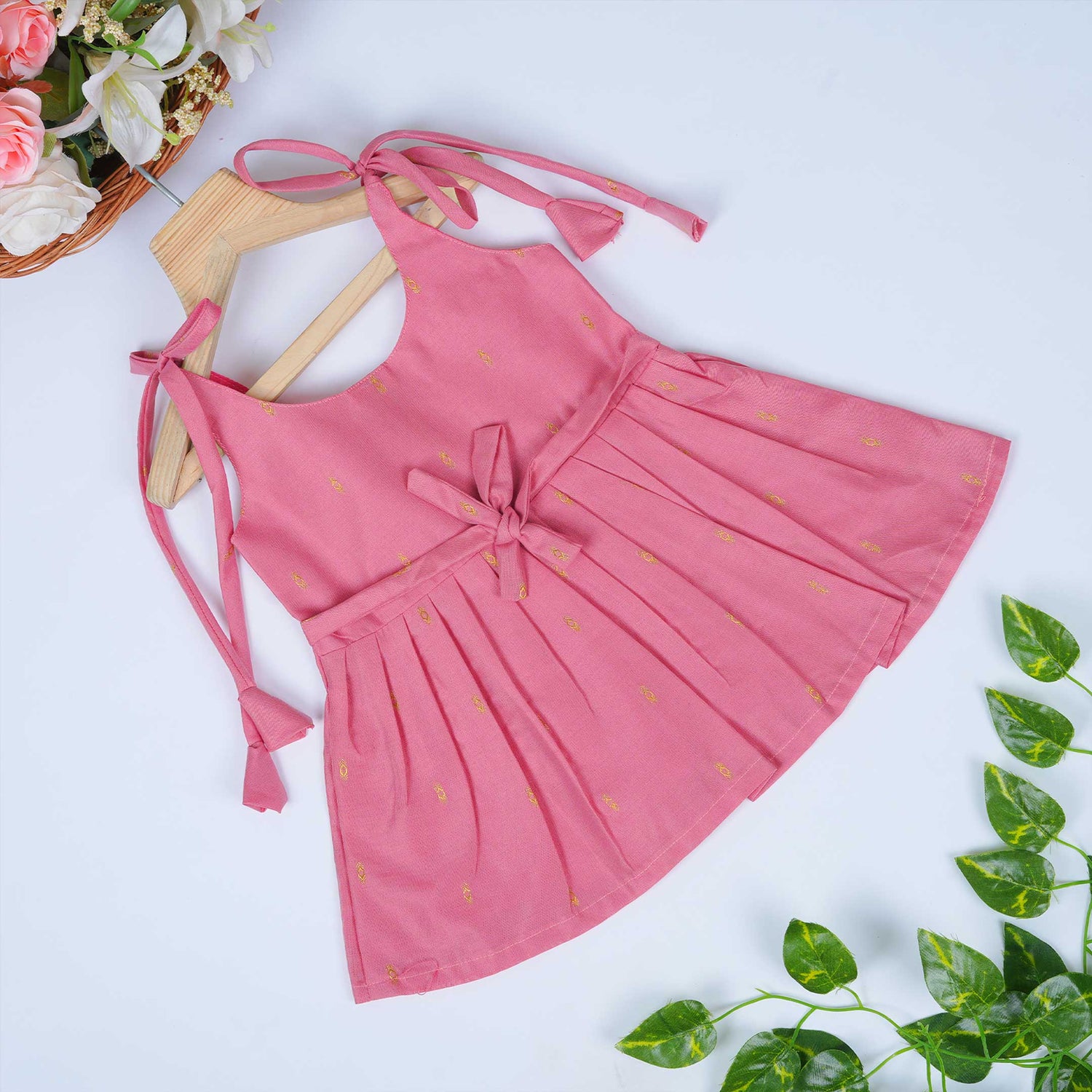 Baby Silk Knot Frock – Pink Gathered-Line Outdoor Look