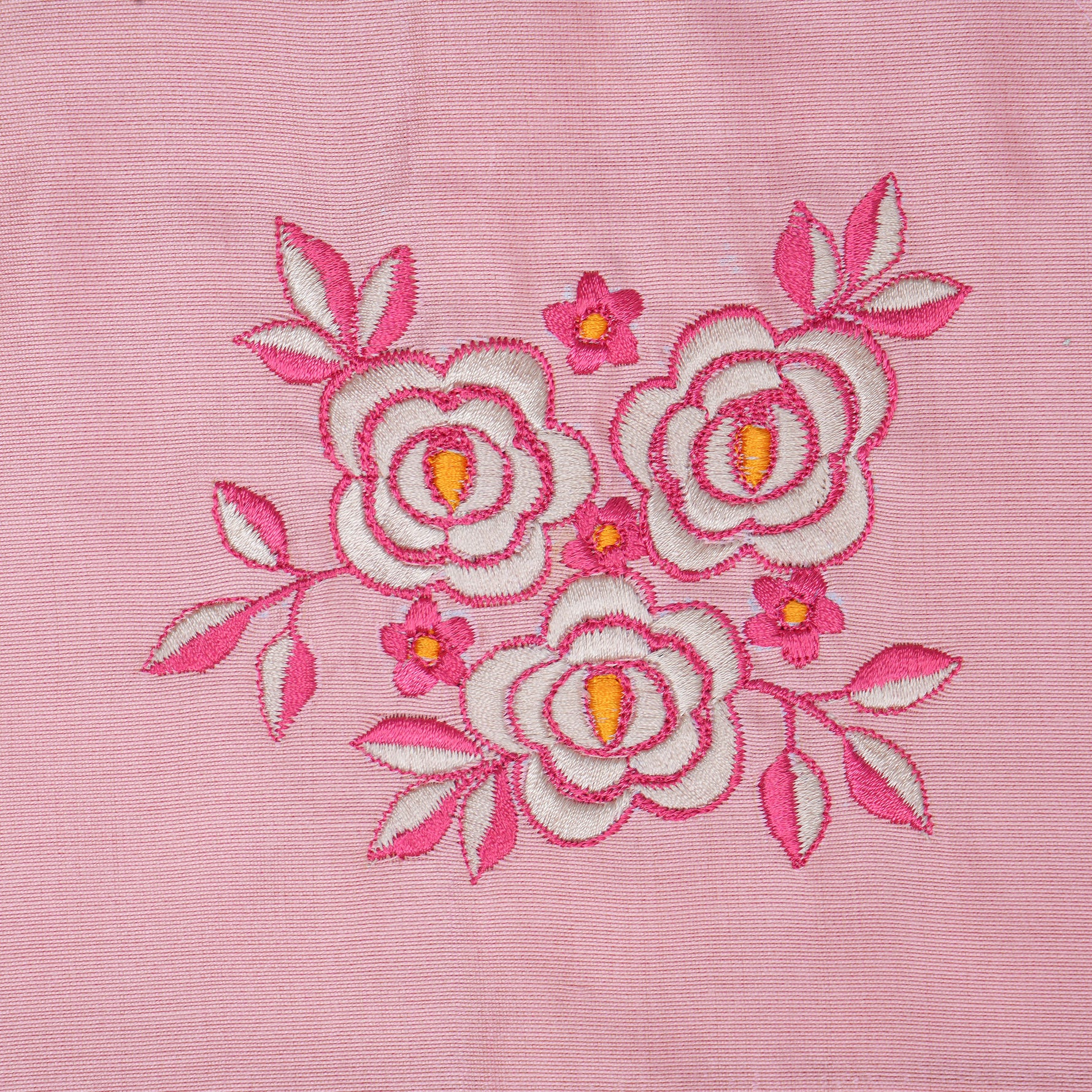 Blush pink embroidered cotton top with cream skirt, elastic waist and lining – elegant Kerala-style ethnic wear for girls aged 1–5 years.