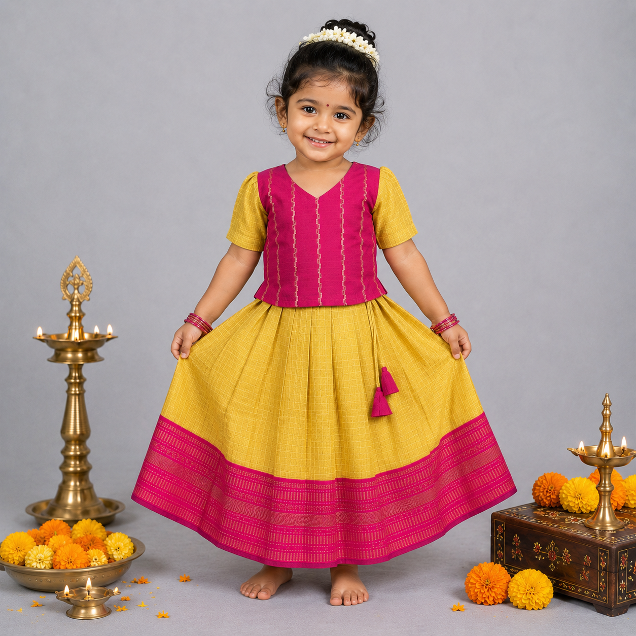 Girls ethnic top and skirt set in raw silk with colorful traditional patterns, designed by Boon Babies.