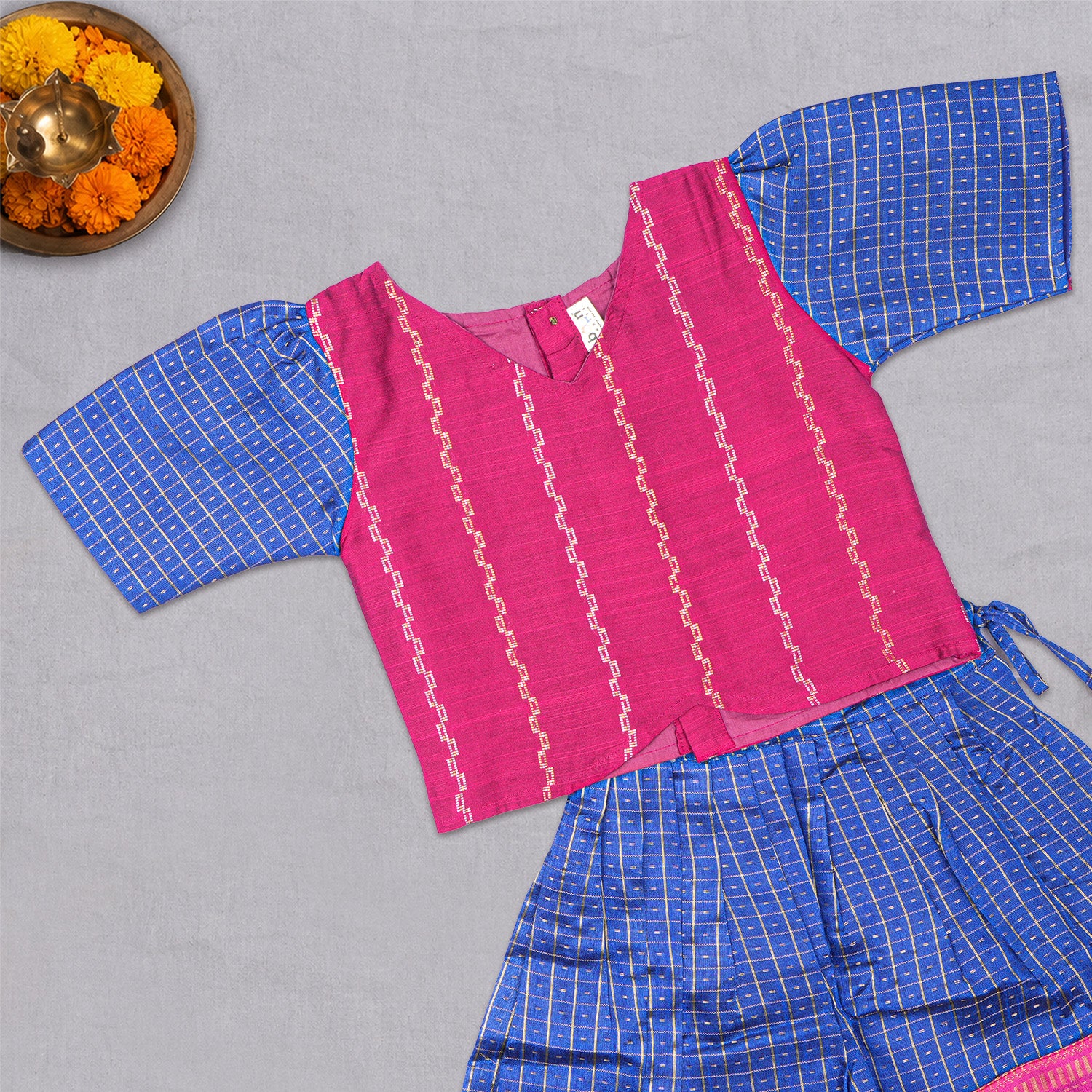 Girls ethnic top and skirt set by Boon Babies, soft cotton lining, featuring colorful traditional patterns and comfortable fit.