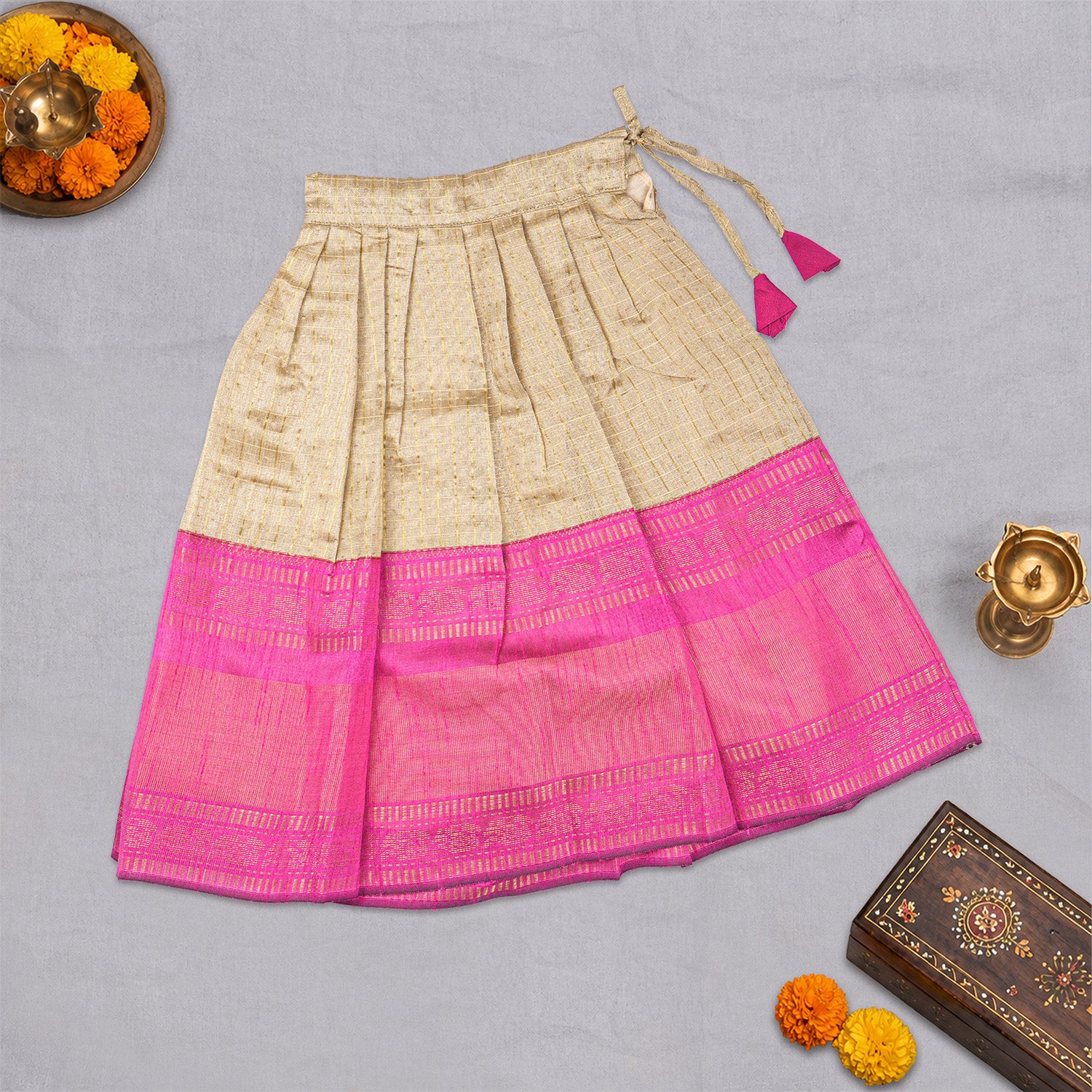 Girls beige and pink ethnic top and skirt set by Boon Babies, featuring traditional patterns and comfortable fabric.