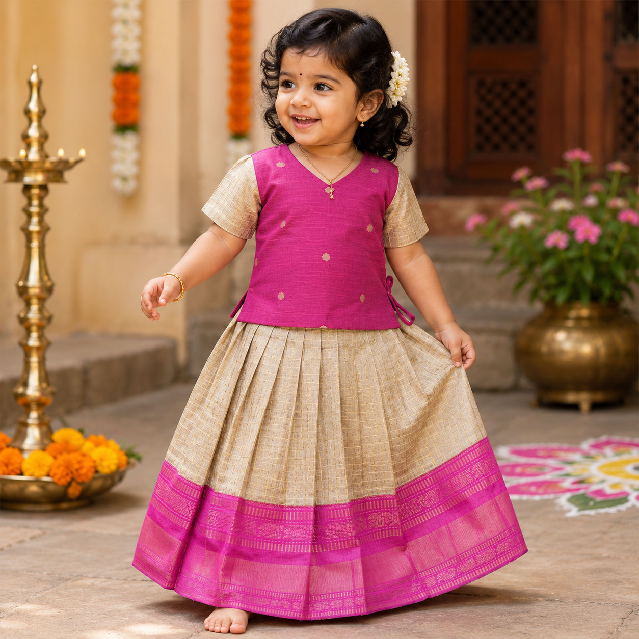 Girls beige and pink ethnic top and skirt set by Boon Babies, featuring traditional patterns and comfortable fabric.