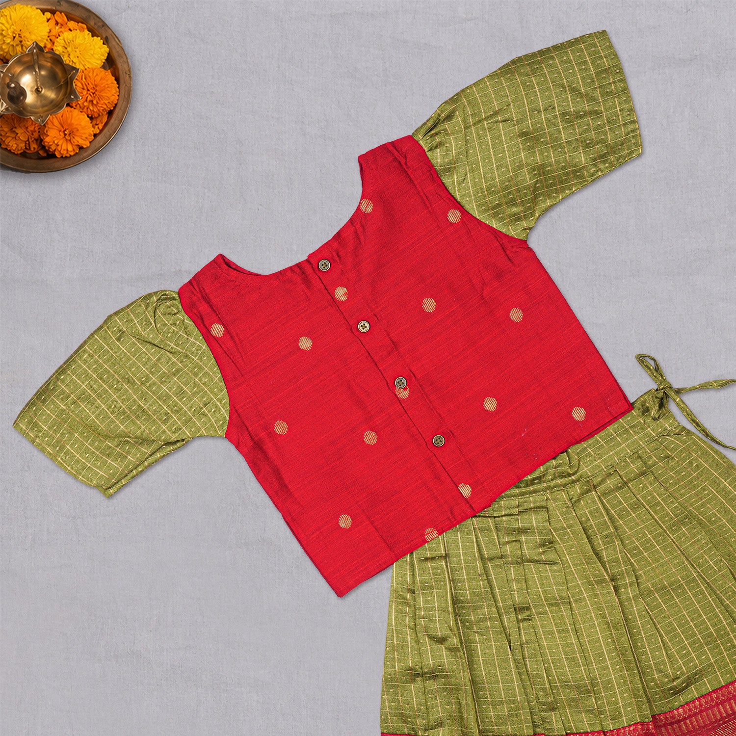 Girls olive green ethnic top and skirt set by Boon Babies, featuring traditional designs and comfortable fabric.