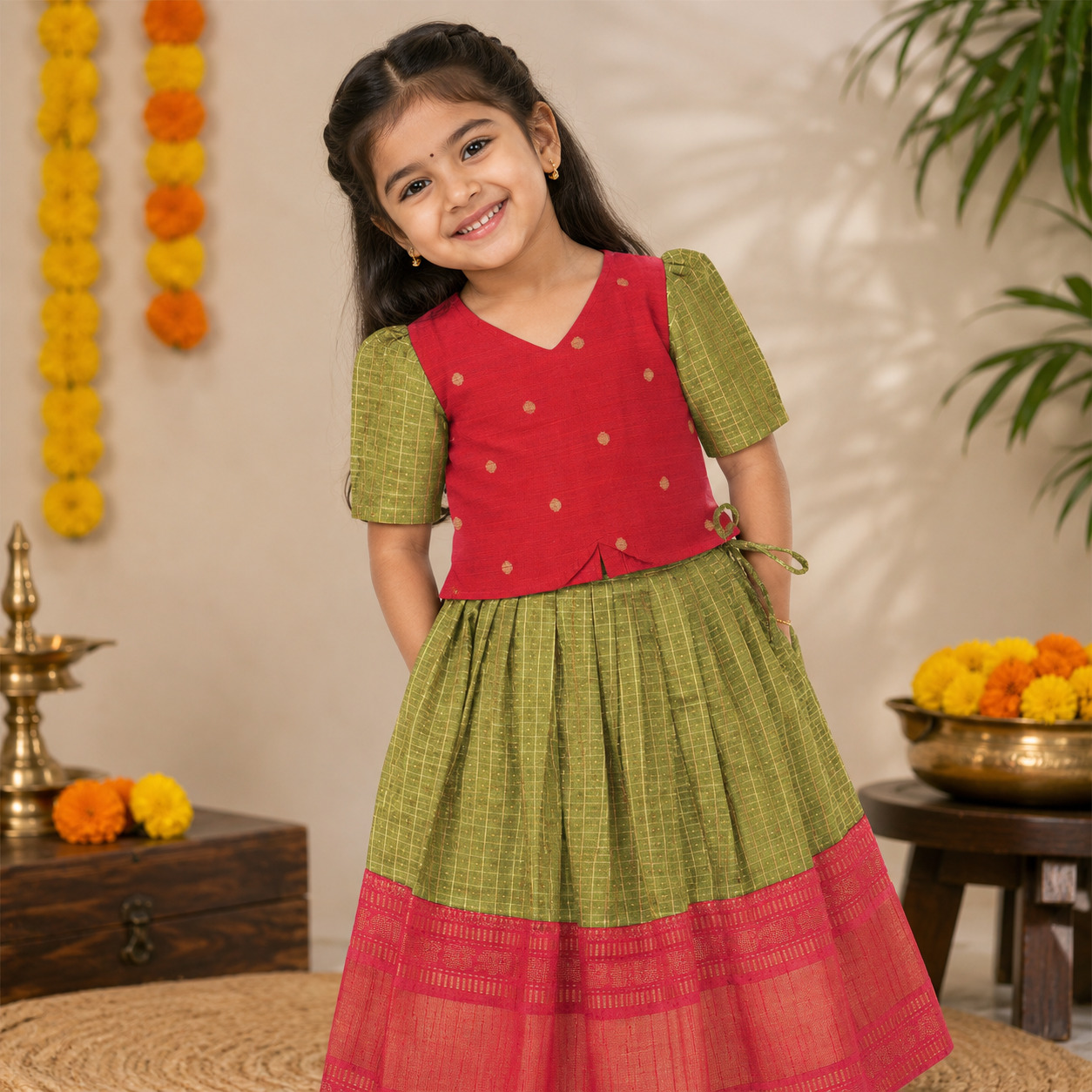 Girls olive green ethnic top and skirt set by Boon Babies, featuring traditional pattern and comfortable fabric.