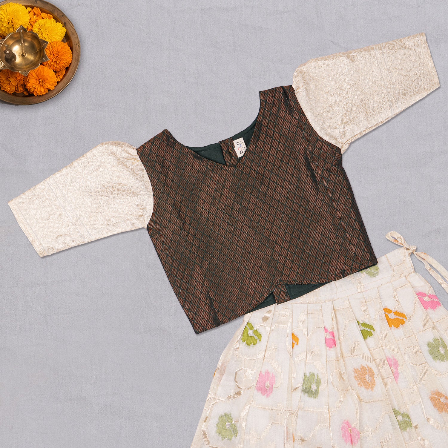 Girls floral ethnic top and skirt set by Boon Babies, featuring colorful patterned fabric and traditional design.