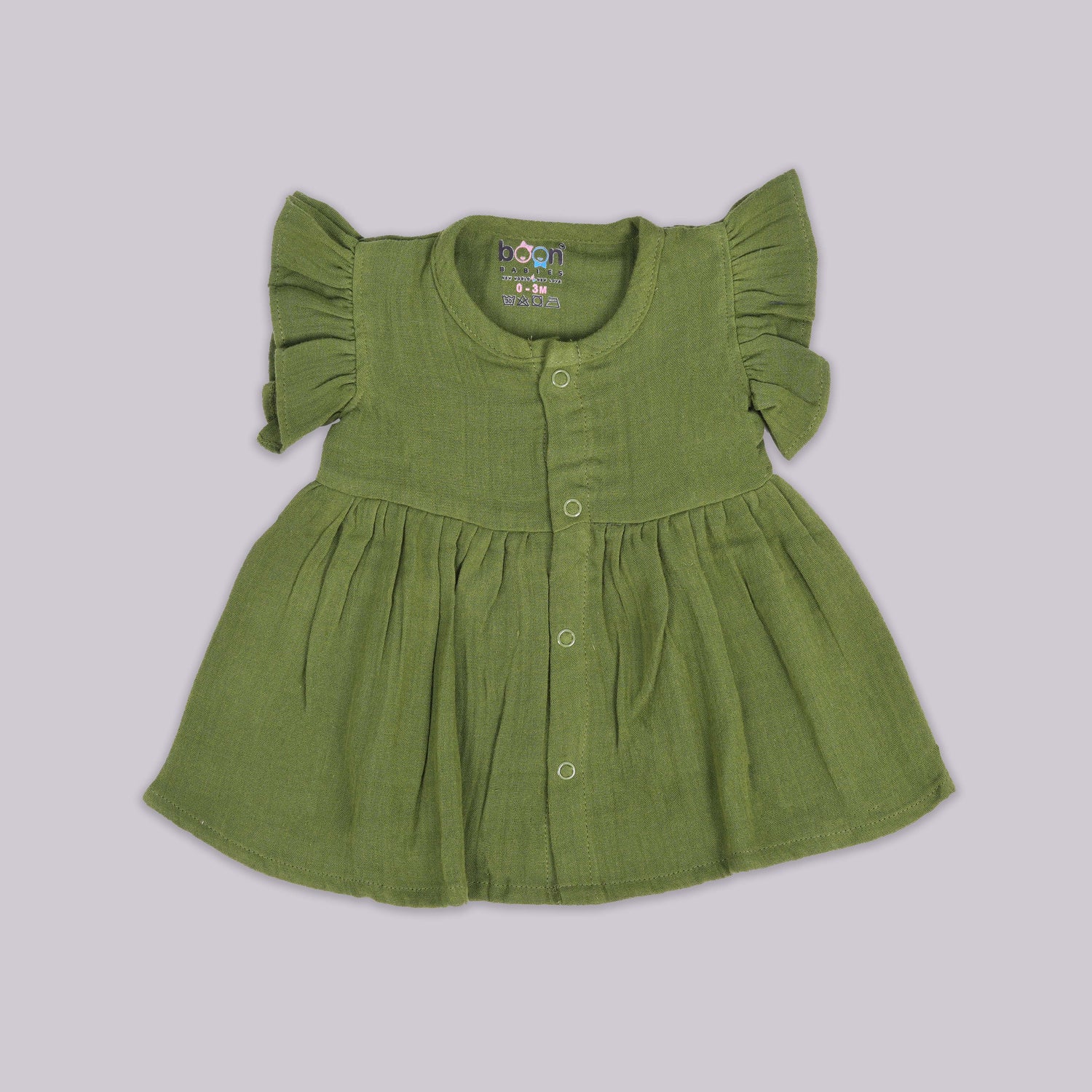 Olive Green Crinkled Muslin Baby Frock – Soft, Breezy & Adorable
