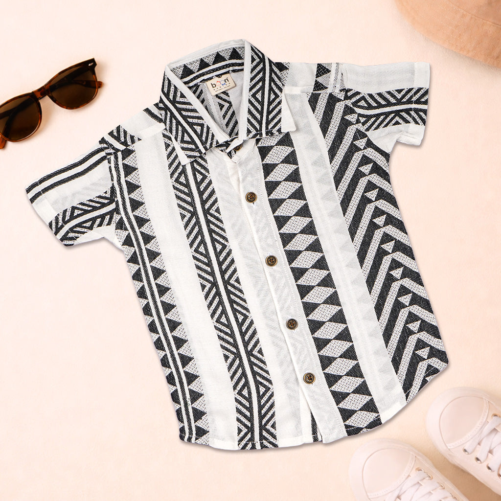 Black and white printed boys' cotton casual shirt with straight collar, featuring half sleeves and a comfortable fit from boonbabies.