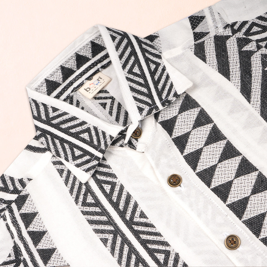 Black and white printed boys' cotton casual shirt with straight collar, half sleeves, by Boonbabies.