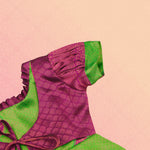 Elegant green and pink tissue silk Pattu Pavadai for girls, ethnic frock by Boon Babies, featuring intricate traditional design.