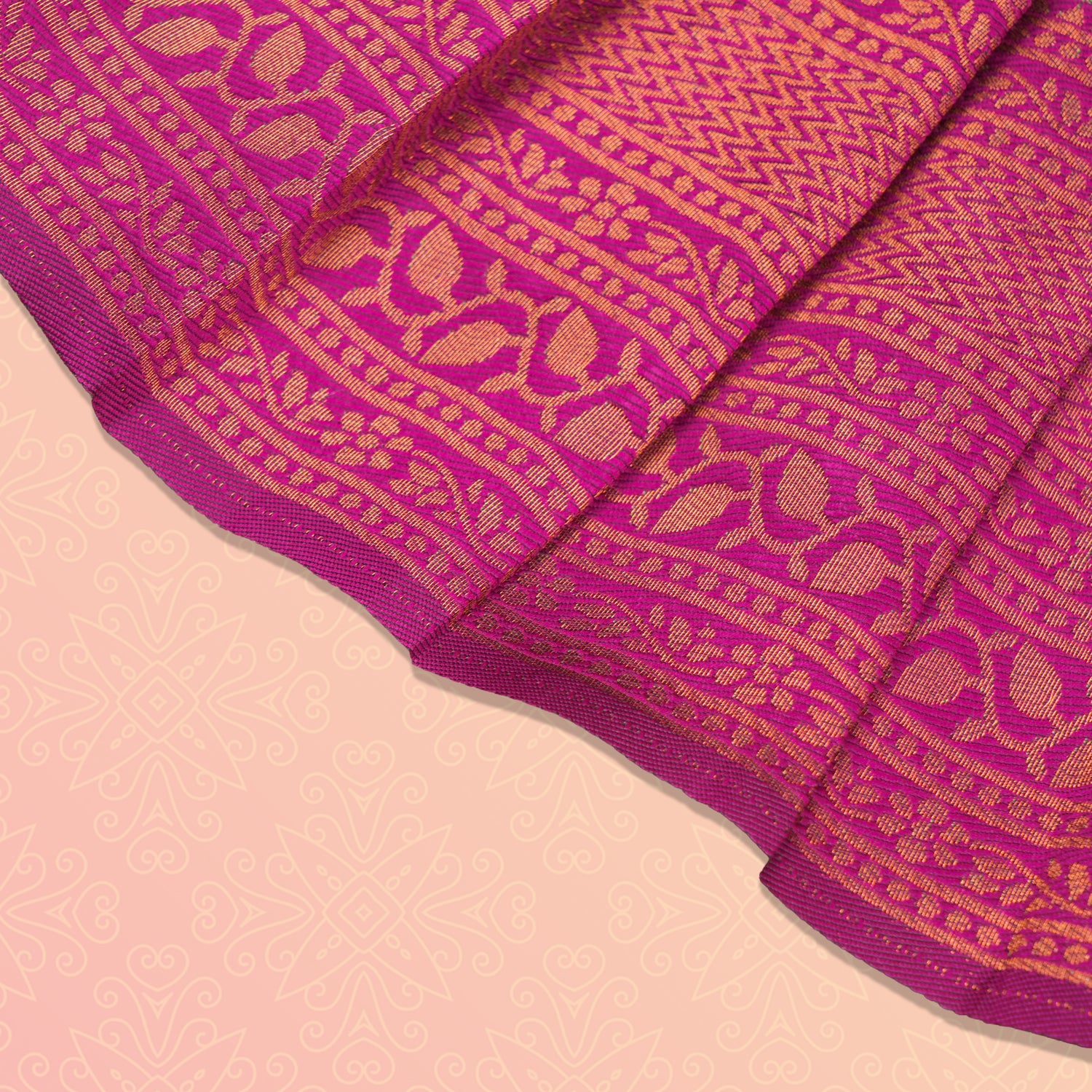 Elegant green and pink tissue silk Pattu Pavadai for girls, ethnic frock by Boon Babies featuring intricate embroidery and traditional design.