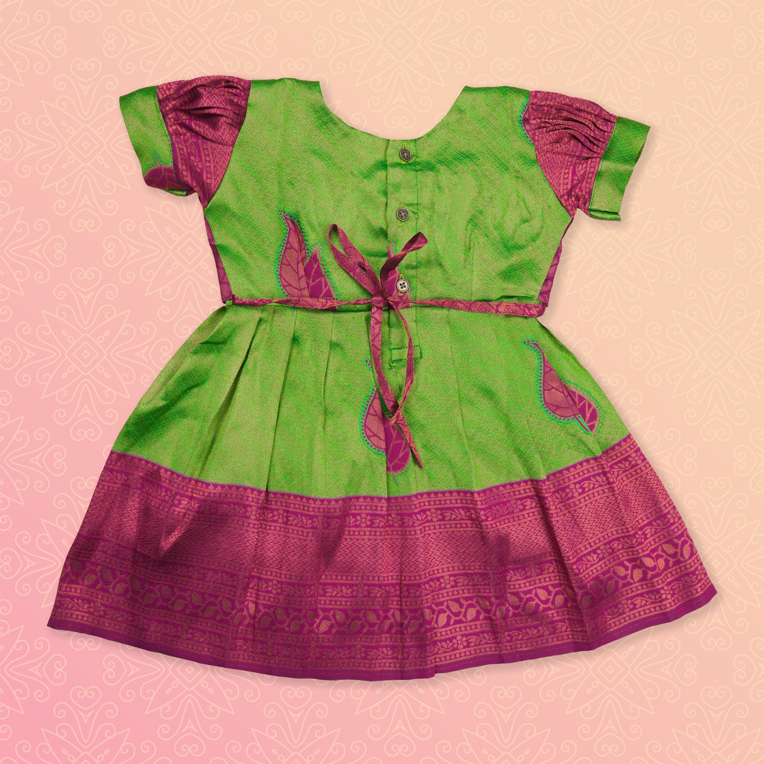 Elegant green and pink tissue silk Pattu Pavadai for girls, featuring traditional ethnic frock design by Boon Babies.