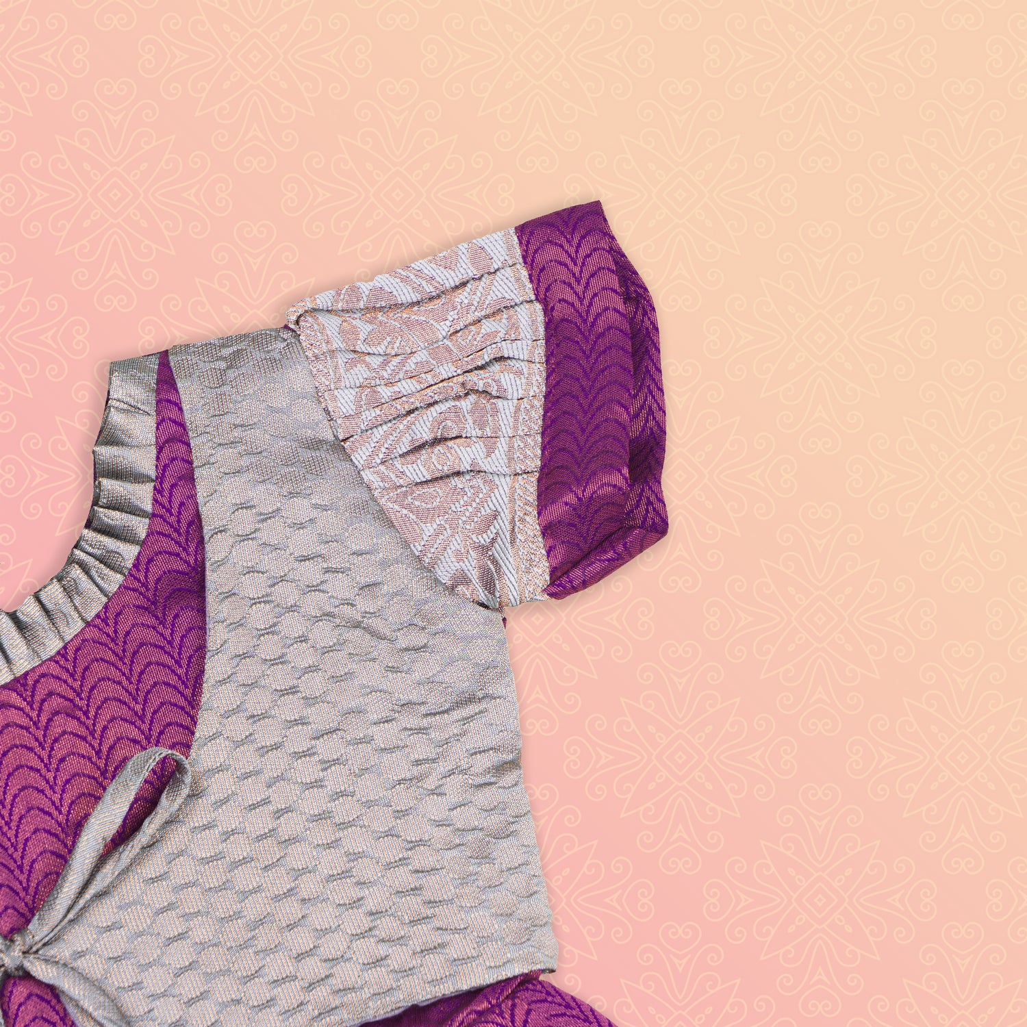 Purple and silver ethnic frock for girls by Boon Babies, featuring intricate Pattu design and traditional craftsmanship.
