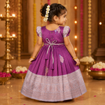 Purple and silver ethnic frock for girls by Boon Babies, featuring intricate Pattu design and traditional embroidery.