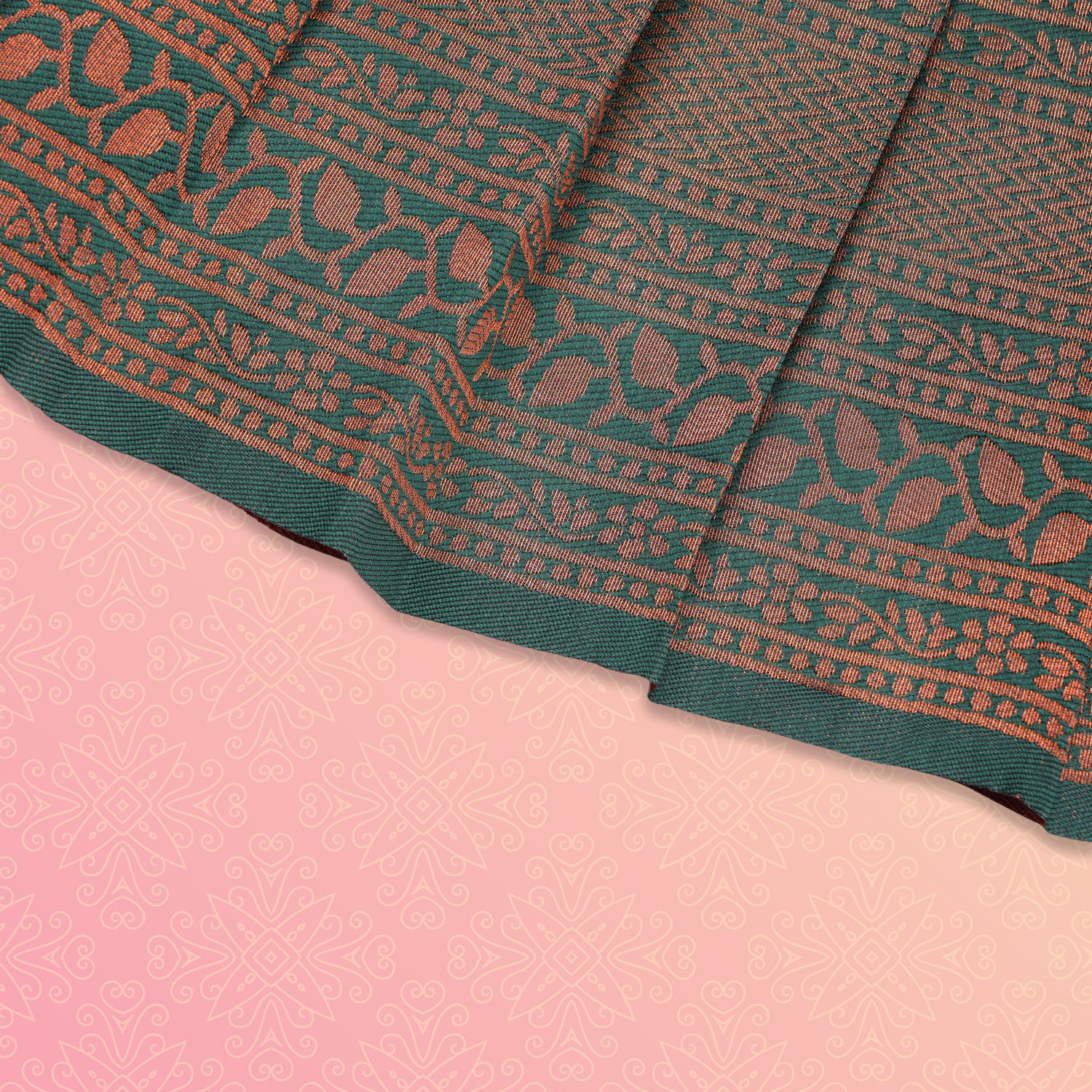 Girls' peach and green tissue silk Pattu Pavadai in ethnic frock style by Boon Babies, featuring intricate traditional embroidery.