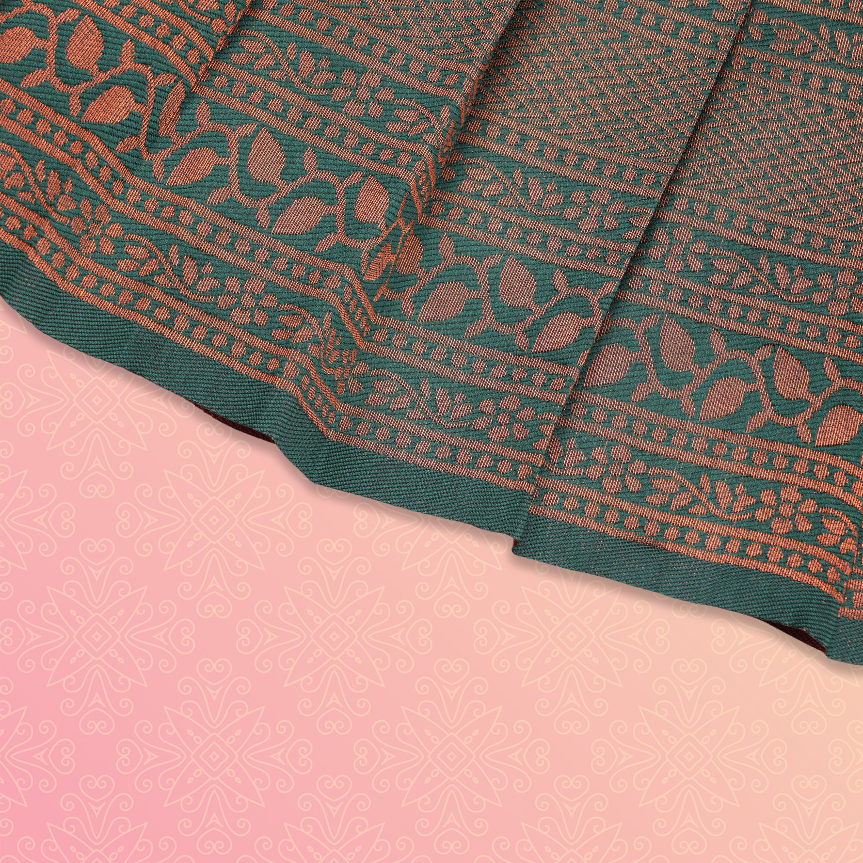 Girls' peach and green tissue silk Pattu Pavadai in ethnic frock style by Boon Babies, featuring intricate traditional embroidery.