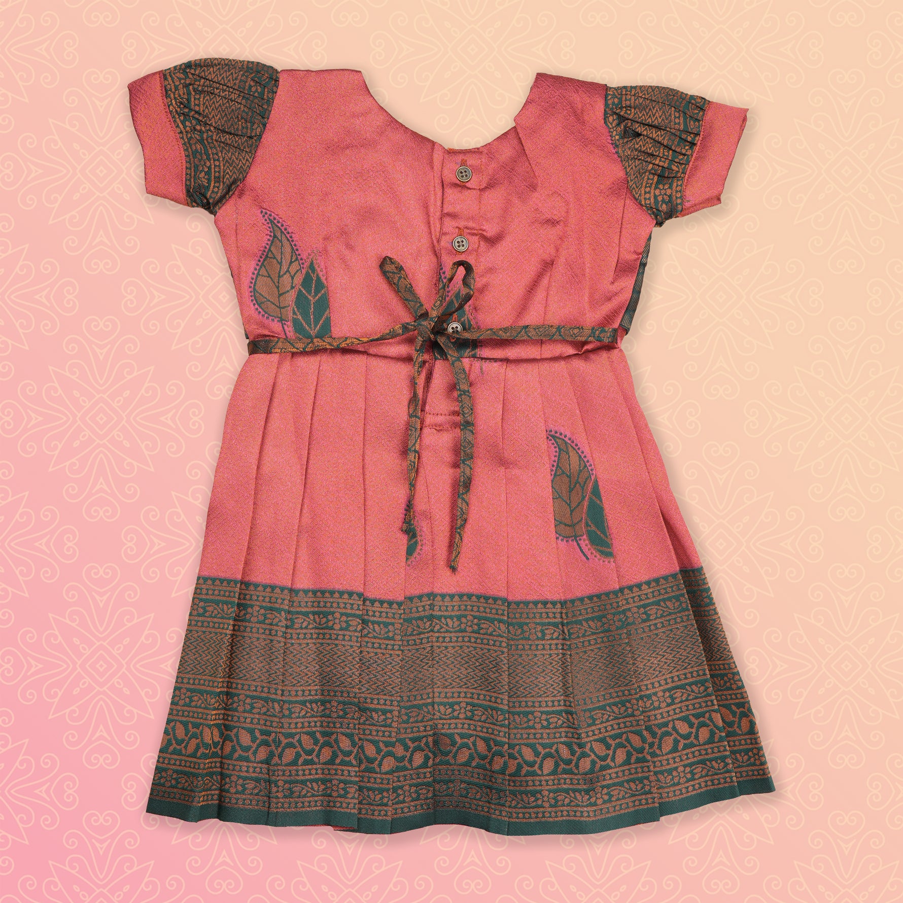 Elegant peach and green tissue silk Pattu Pavadai for girls, ethnic frock by Boon Babies with intricate traditional design.