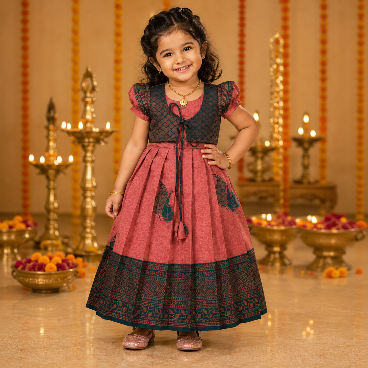 Ethnic frock for girls featuring tissue silk pattu pavadai in peach and green, by Boon Babies, with intricate traditional design.