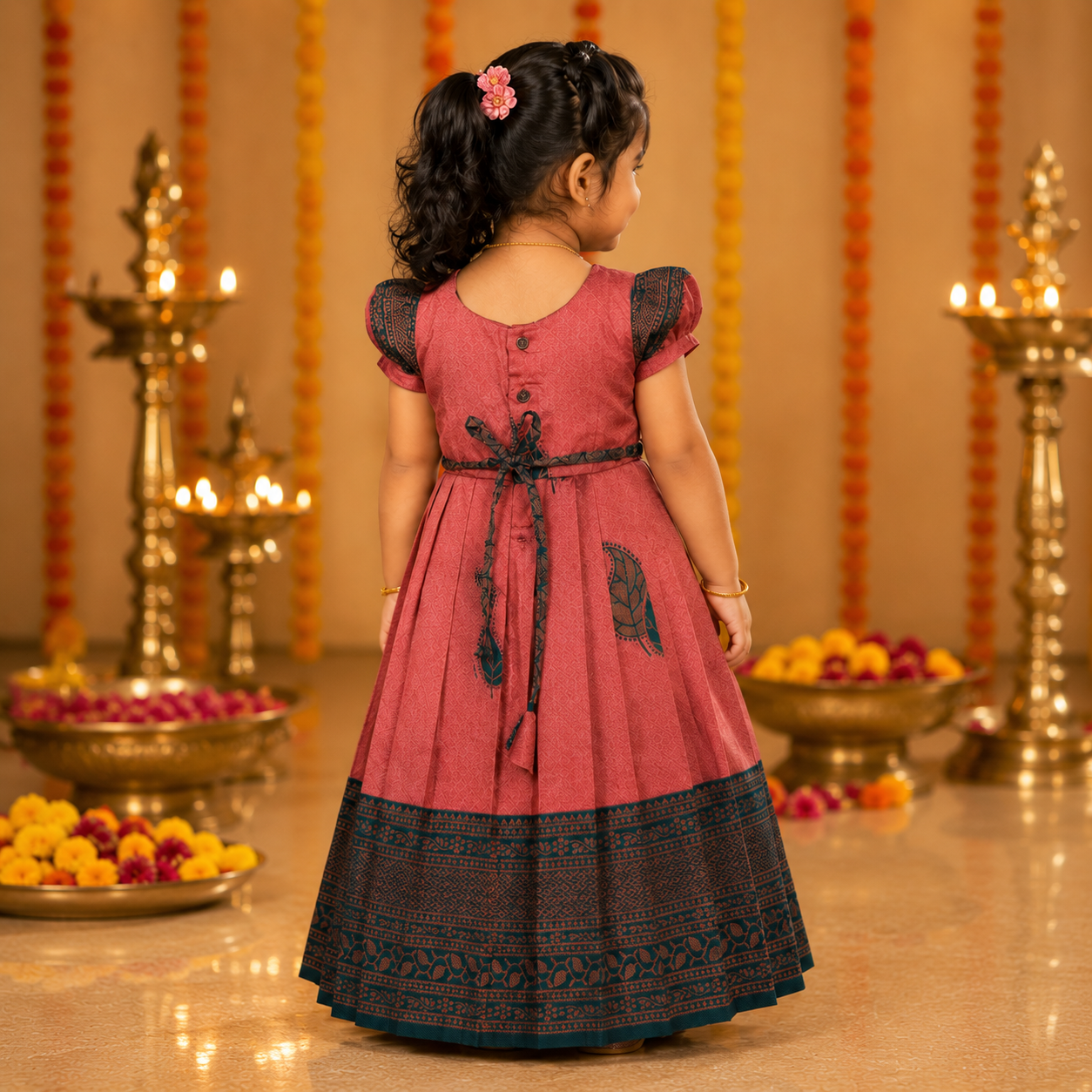 Peach green tissue silk Pattu Pavadai for girls, crafted by Boon Babies, featuring traditional ethnic frock style and intricate silk fabric.