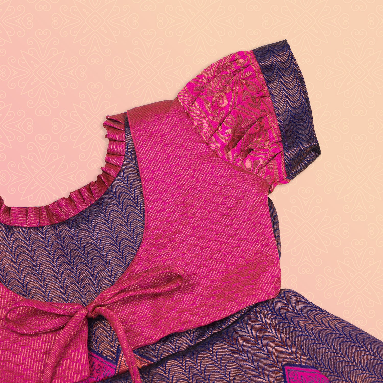 Navy blue and pink ethnic frock for girls by Boon Babies, featuring traditional Pattu design and intricate embroidery.