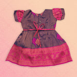 Navy blue and pink ethnic frock for girls by Boon Babies, featuring traditional pattu fabric and intricate embroidery.