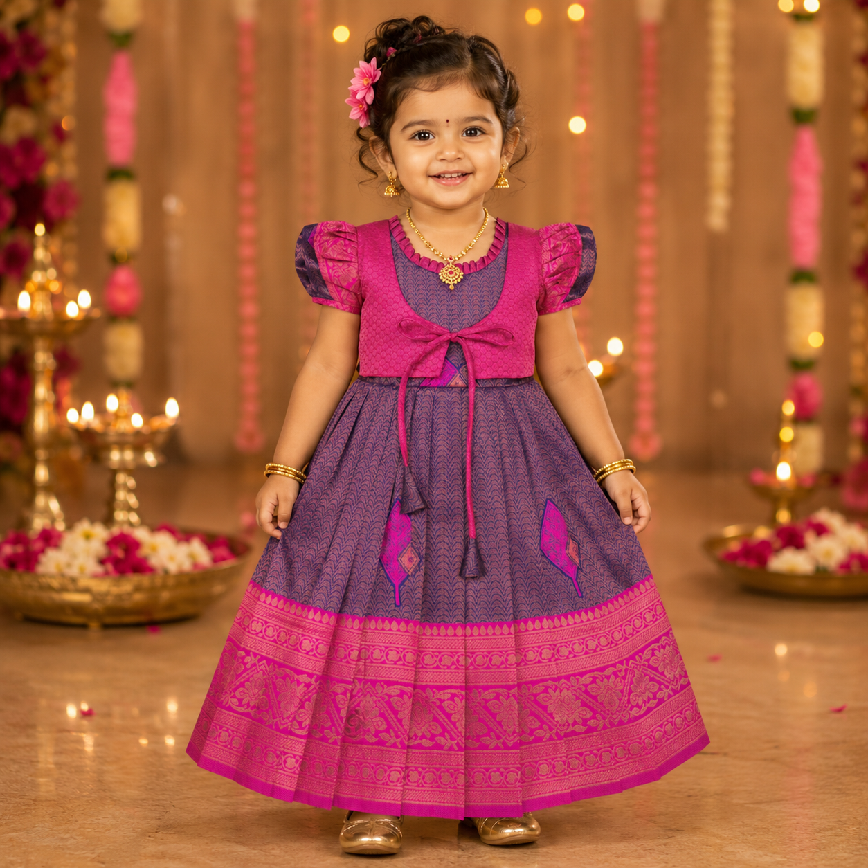 Navy blue and pink ethnic frock for girls by Boon Babies, featuring traditional Pattu design and embroidery details.