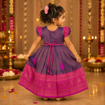 Navy blue and pink ethnic frock for girls by Boon Babies, featuring traditional pattu fabric and intricate embroidery.