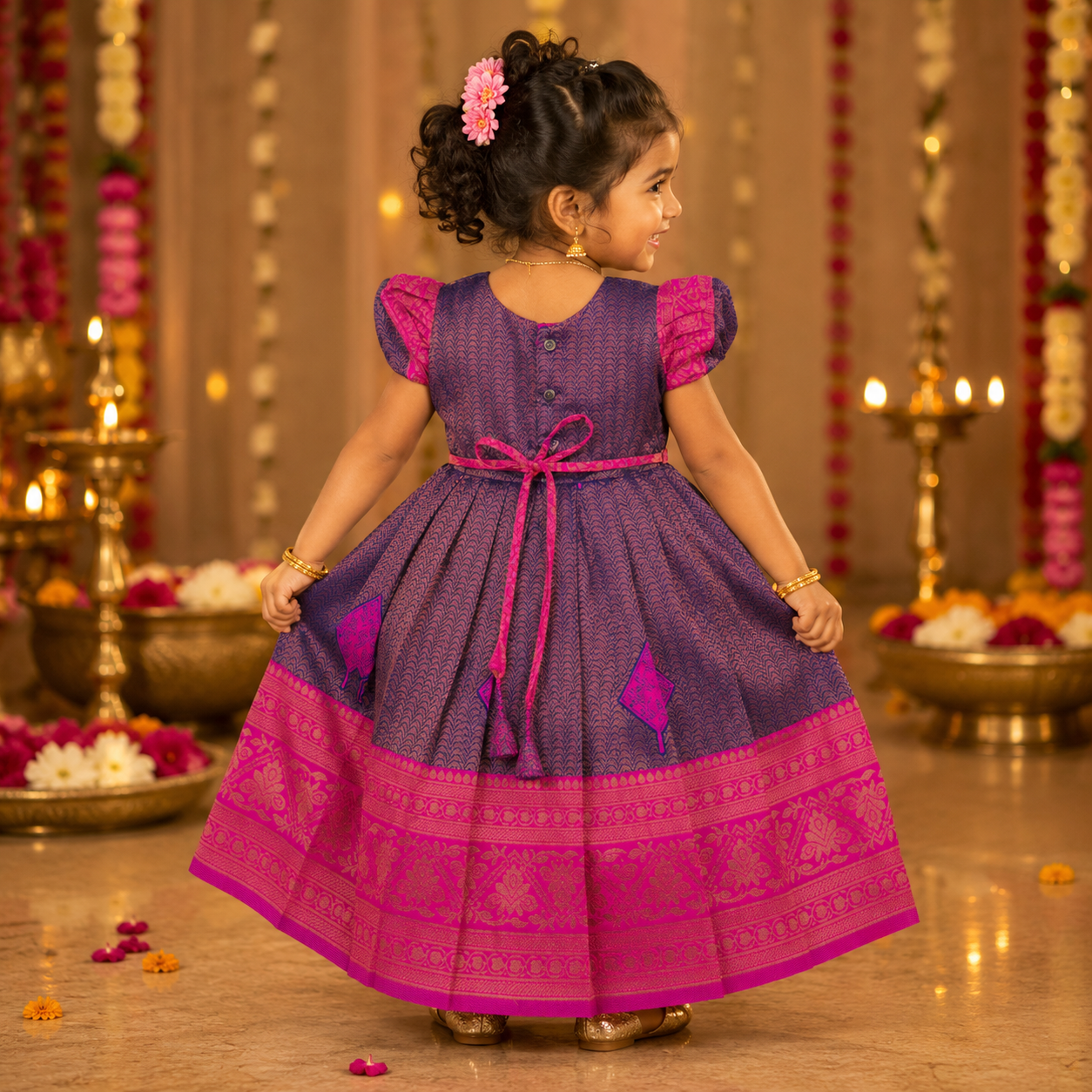 Navy blue and pink ethnic frock for girls by Boon Babies, featuring traditional pattu fabric and intricate embroidery.