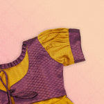 Ethnic Pattu frock for girls in mustard purple with intricate embroidery, by Boon Babies, showcasing traditional design and fabric details.