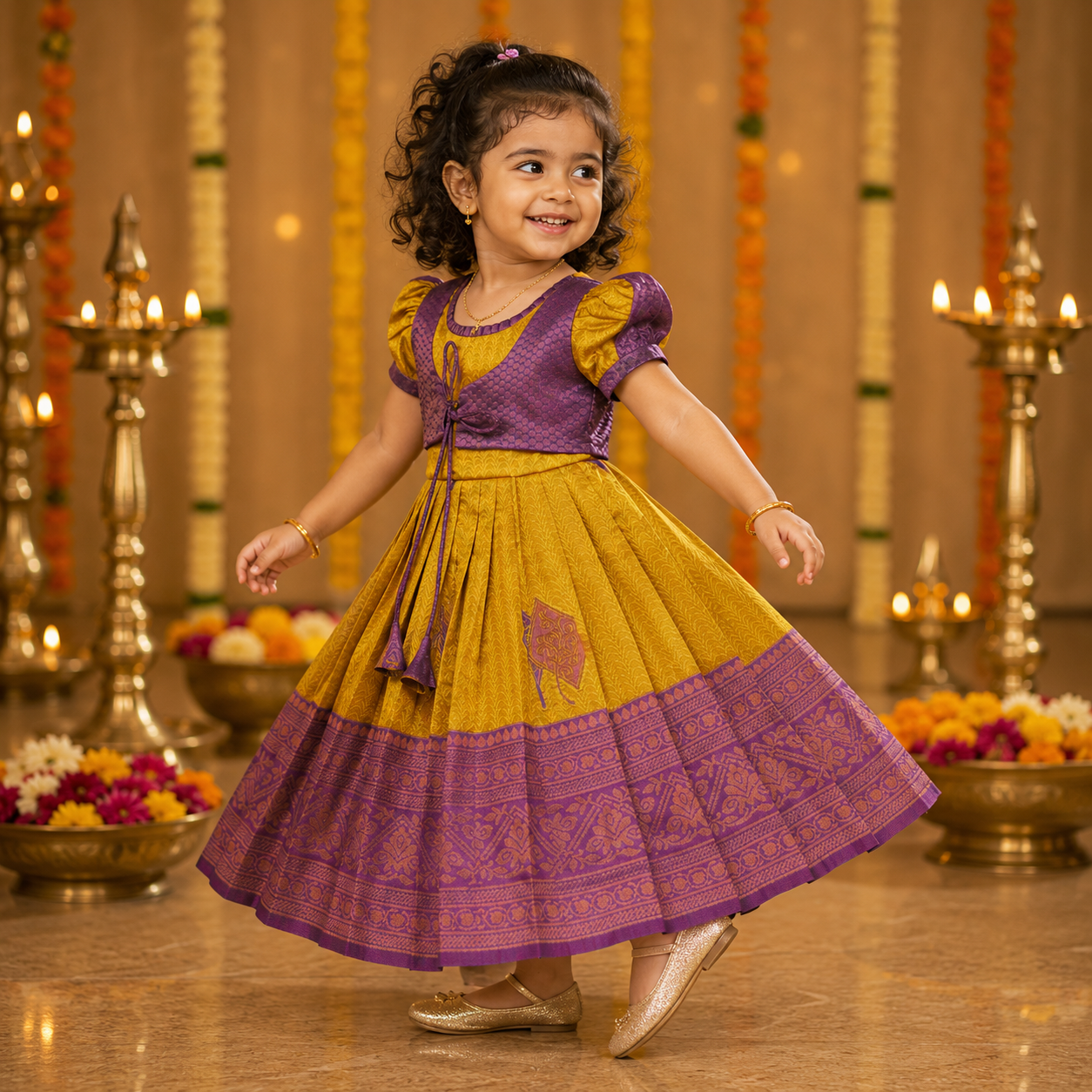 Girls' ethnic Pattu frock in mustard purple by Boon Babies, featuring traditional fabric and intricate design details.