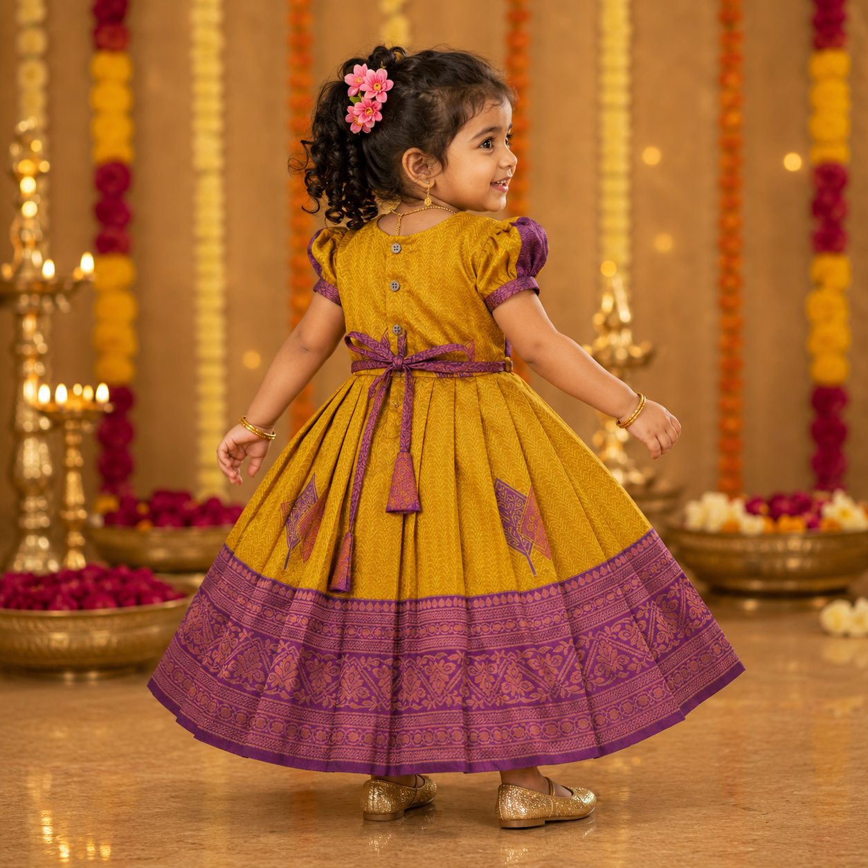 Girl's mustard purple ethnic frock by Boon Babies, featuring traditional pattu fabric and intricate design details.
