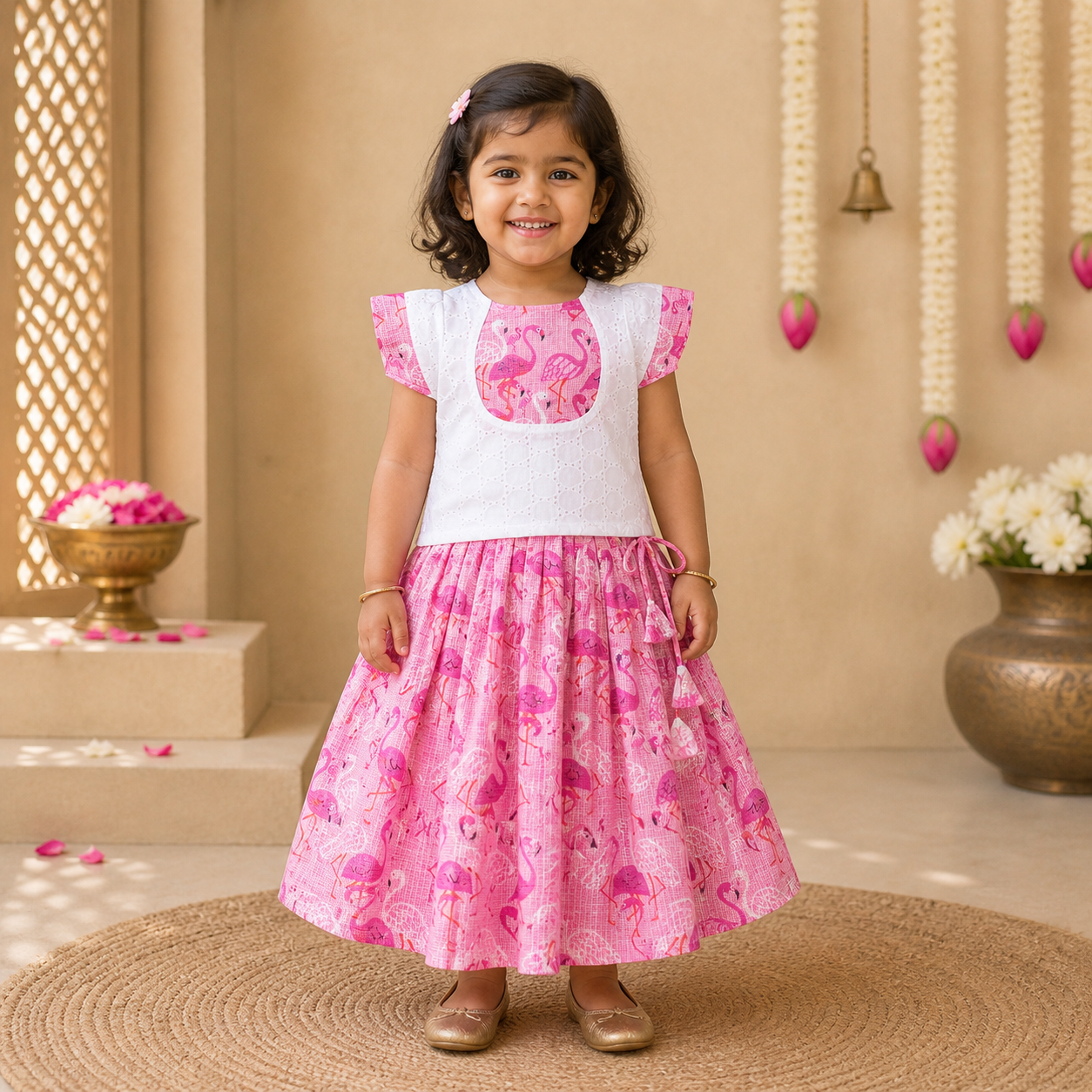 Pink Flamingo Girls Ethnic Skirt Set – Hakoba Top with Cotton Skirt