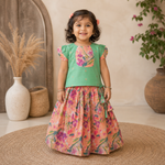 Mint floral ethnic skirt set for girls with matching top, featuring vibrant patterns and traditional design by Boon Babies.