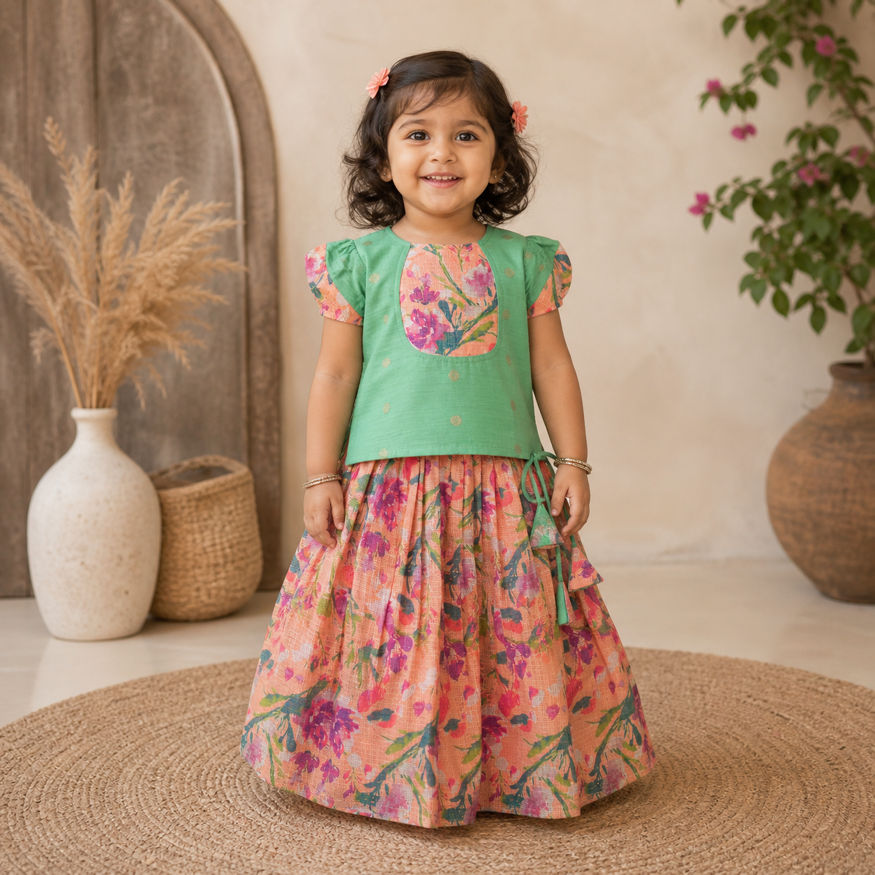 Mint floral ethnic skirt set for girls with matching top, featuring vibrant patterns and traditional design by Boon Babies.