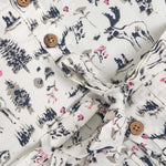 Toddler girl wearing a sleeveless white cotton frock with pink and green floral print – lightweight summer dress from Boon Babies, Coimbatore.