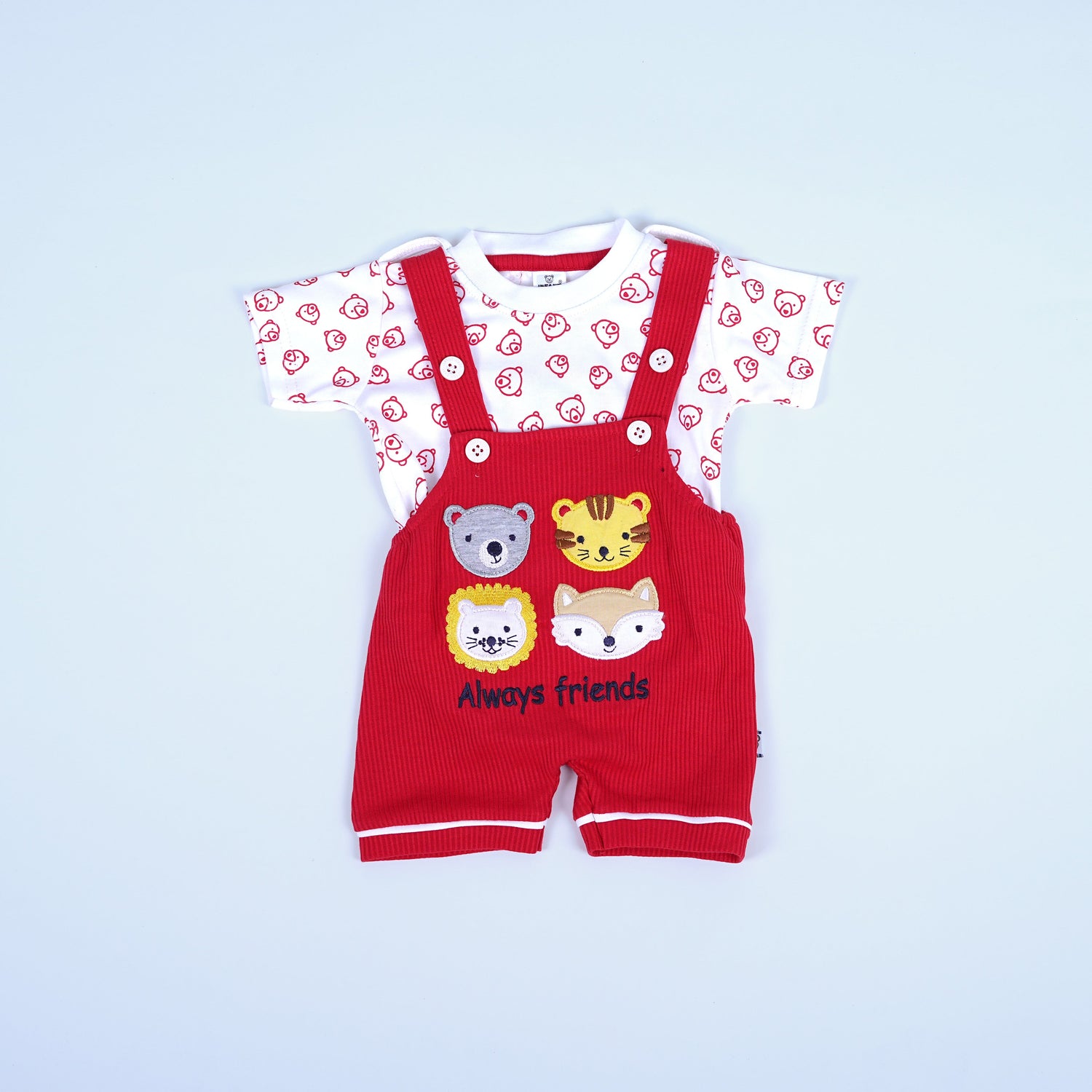 Vibrant Red Animal Friends Overalls for Boys