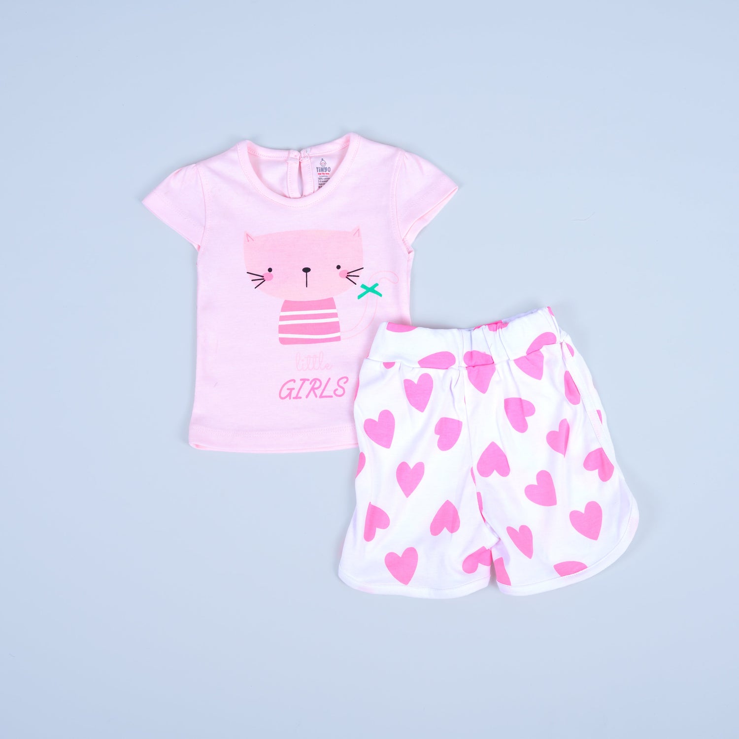 Pretty in Pink: Cat Top & Heart-Printed Shorts Set