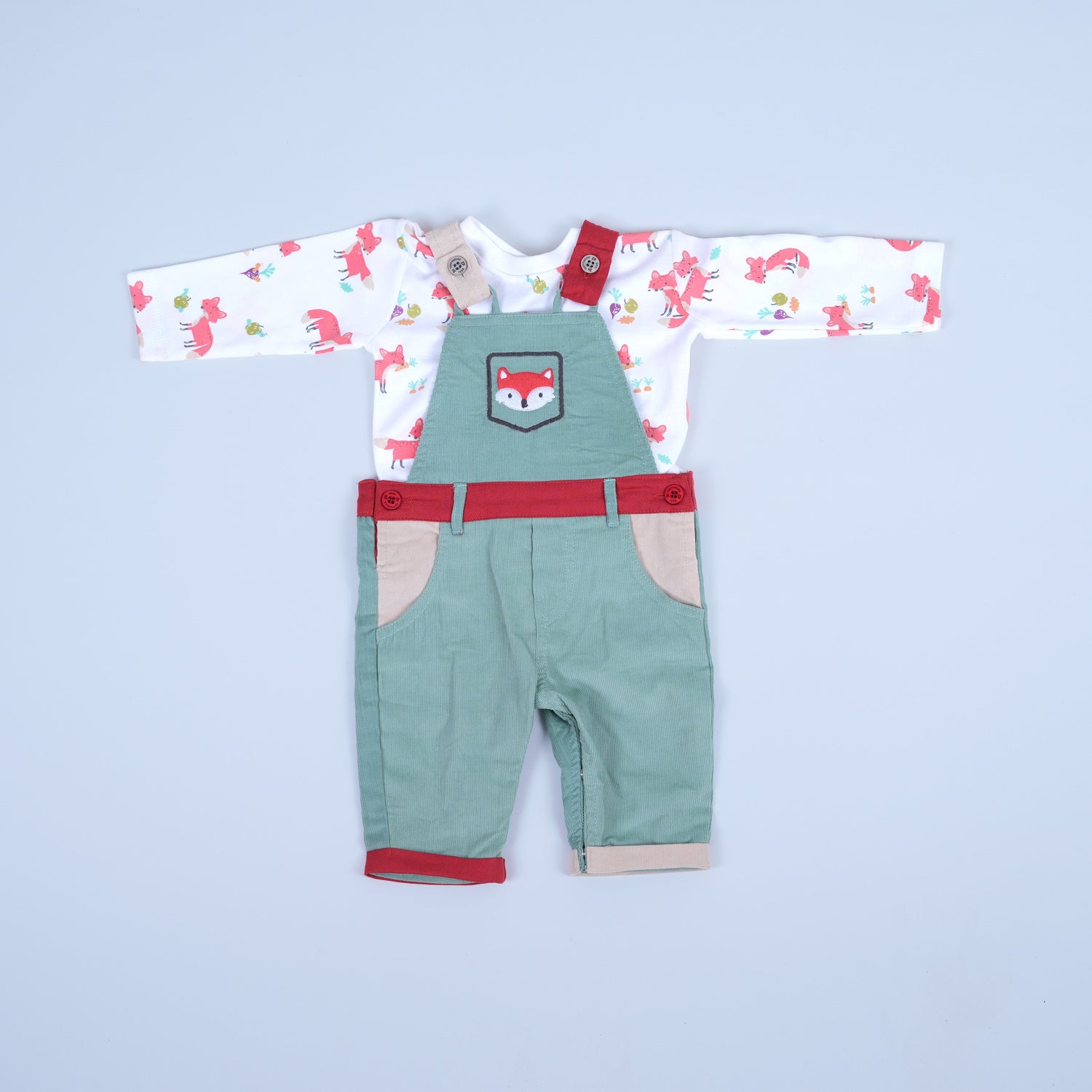 Green and Red Baby Overall Set with Cute Details