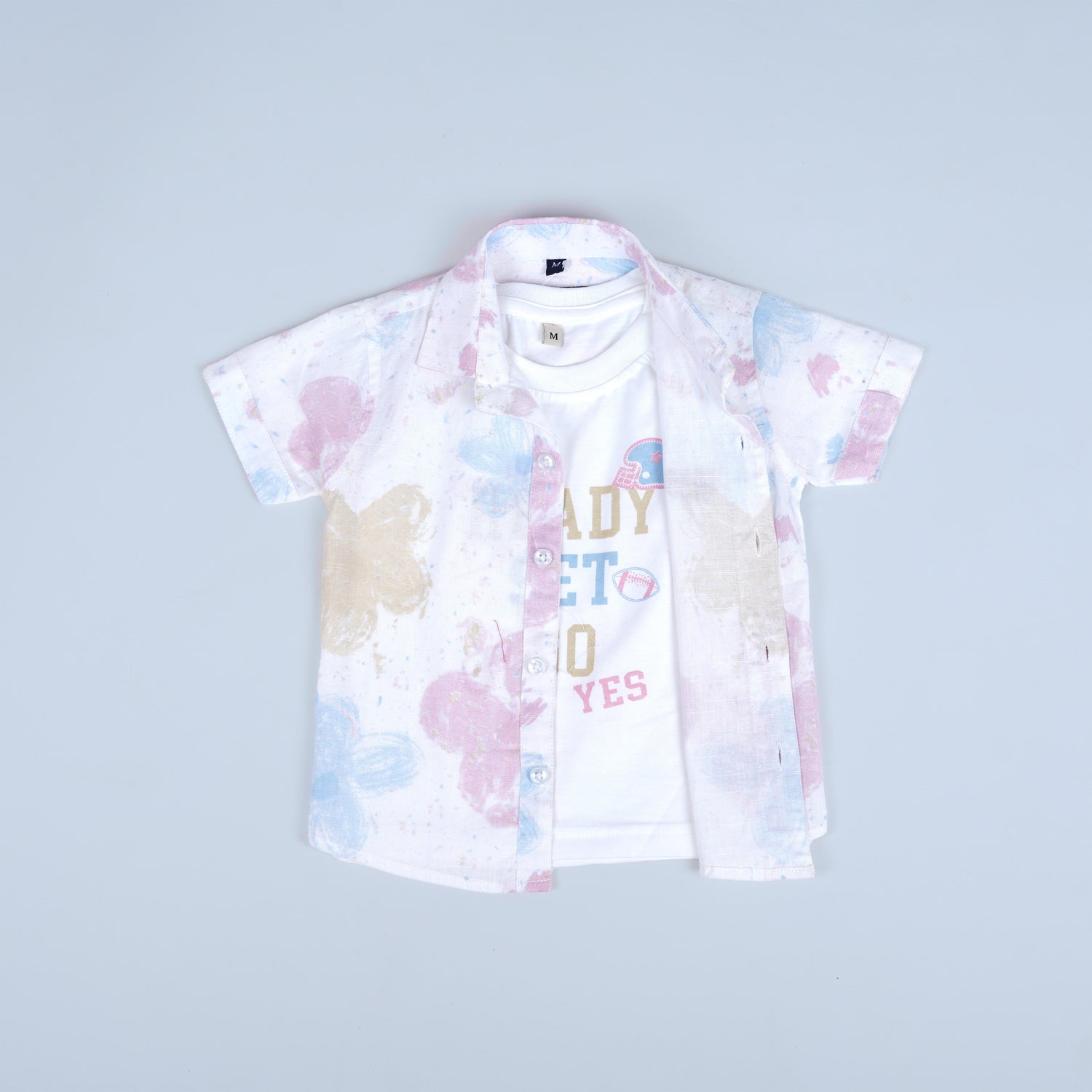 Chic Pastel Print Shirt with Beige Shorts for Boys