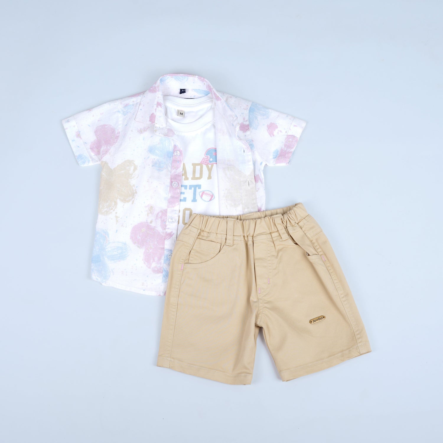 Chic Pastel Print Shirt with Beige Shorts for Boys