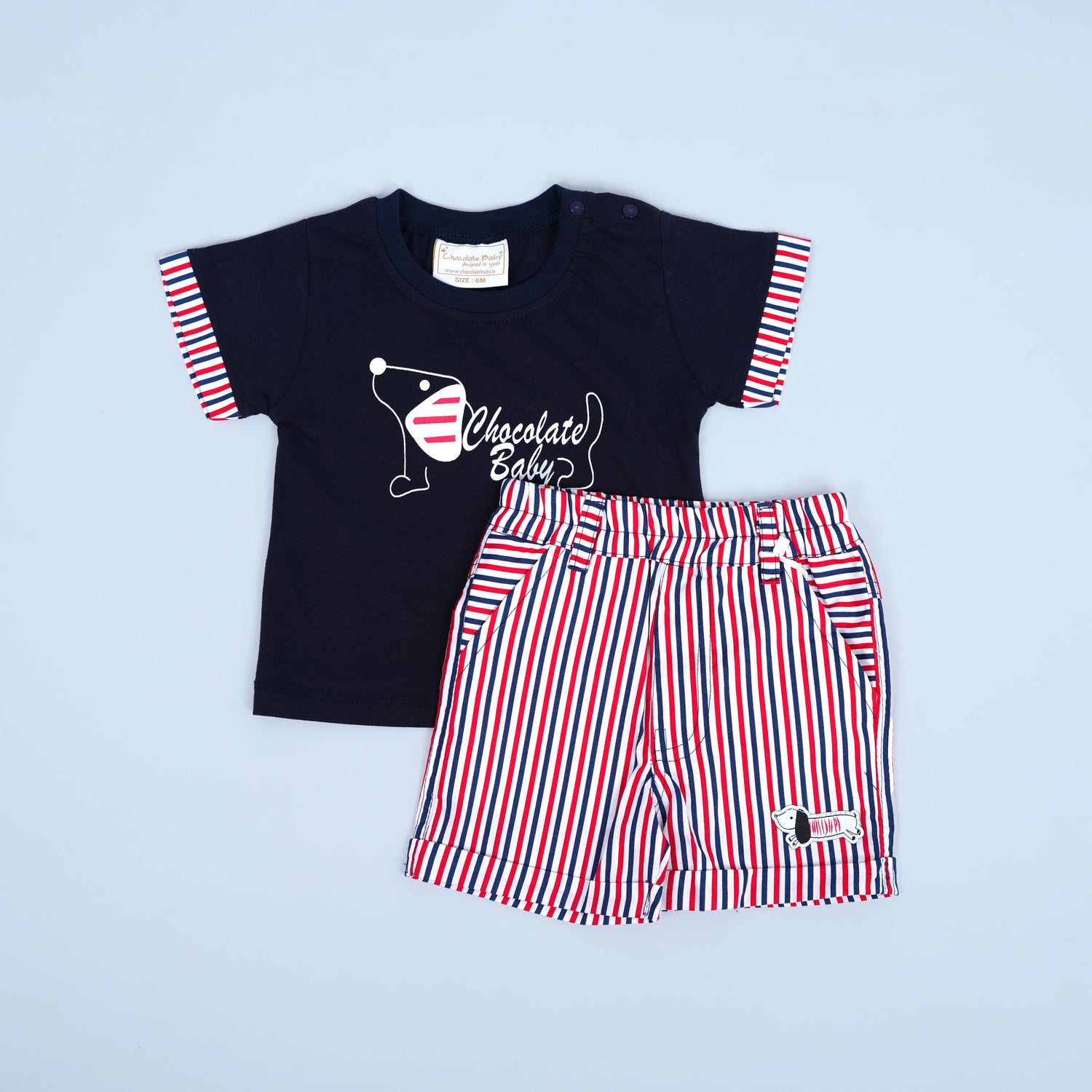 Chic Navy Striped Set with "Chocolate Baby" Tee