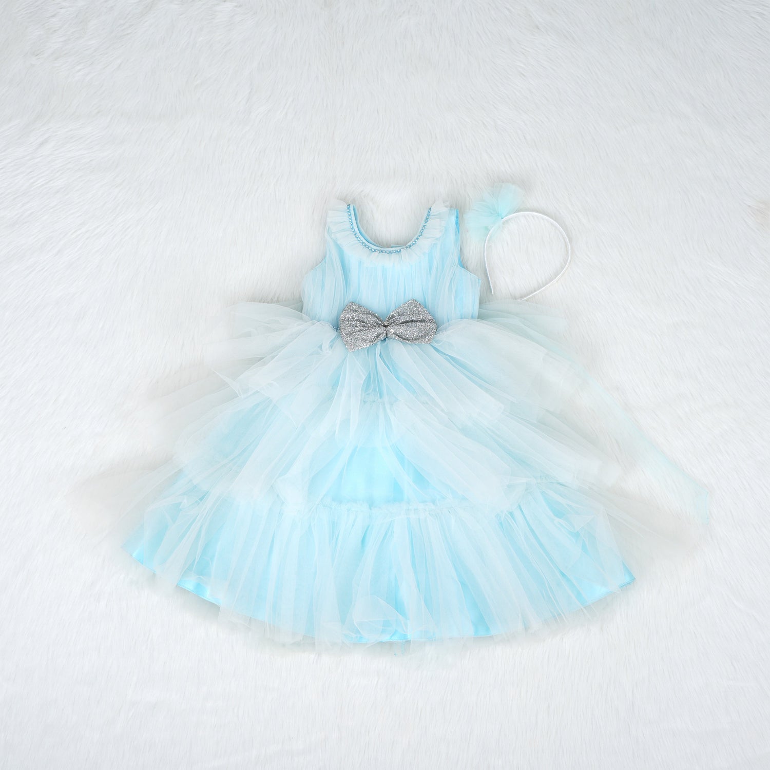 Blue Fantasy: Glitter Bow Tulle Gown for Girls