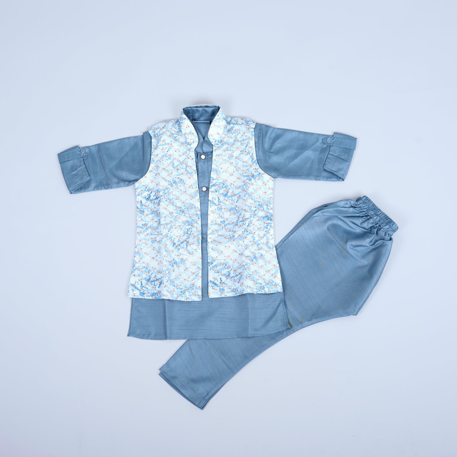 Elegant Blues: Blue Kurta with Printed Vest