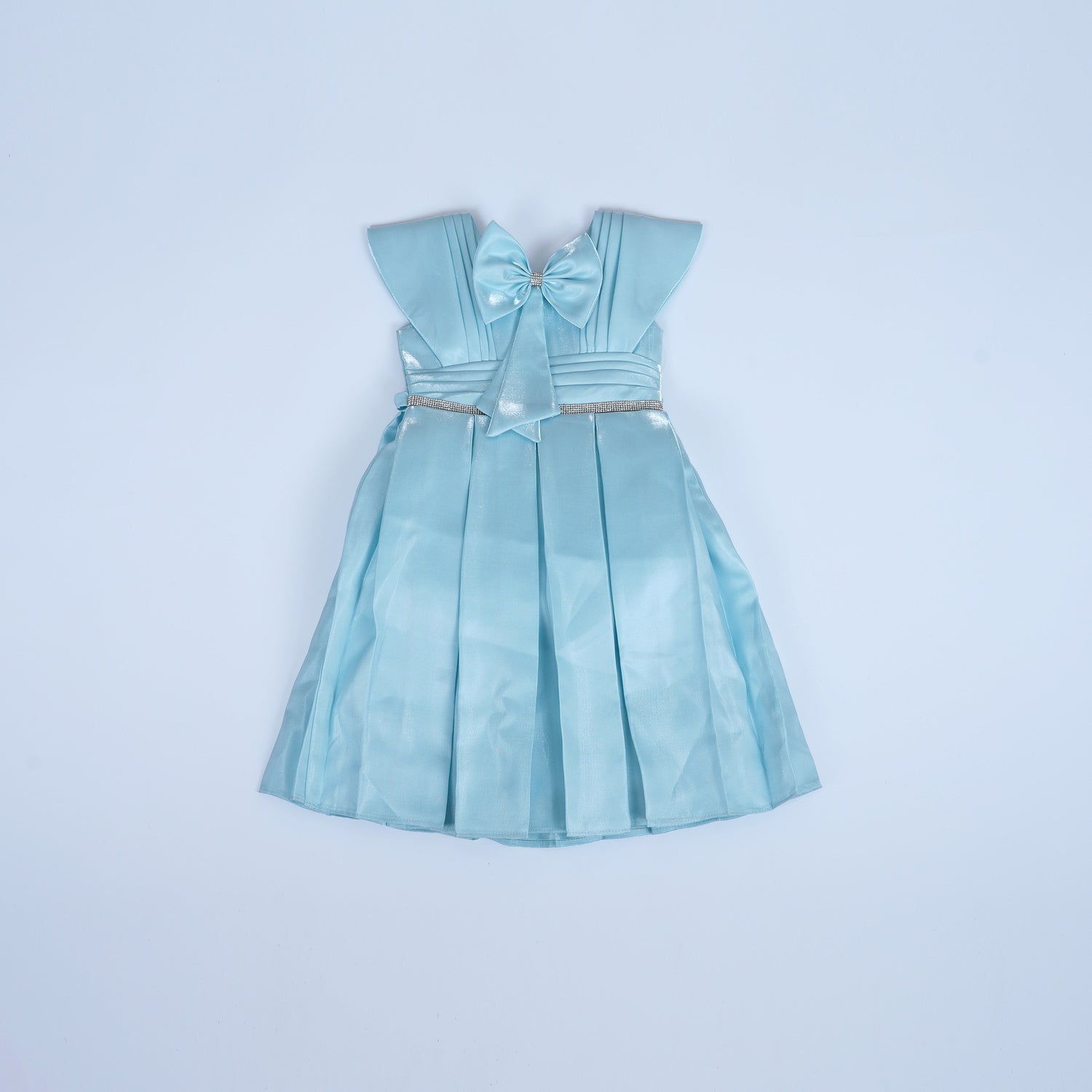 Crystal Chic: Blue Satin Dress with Bow Accent