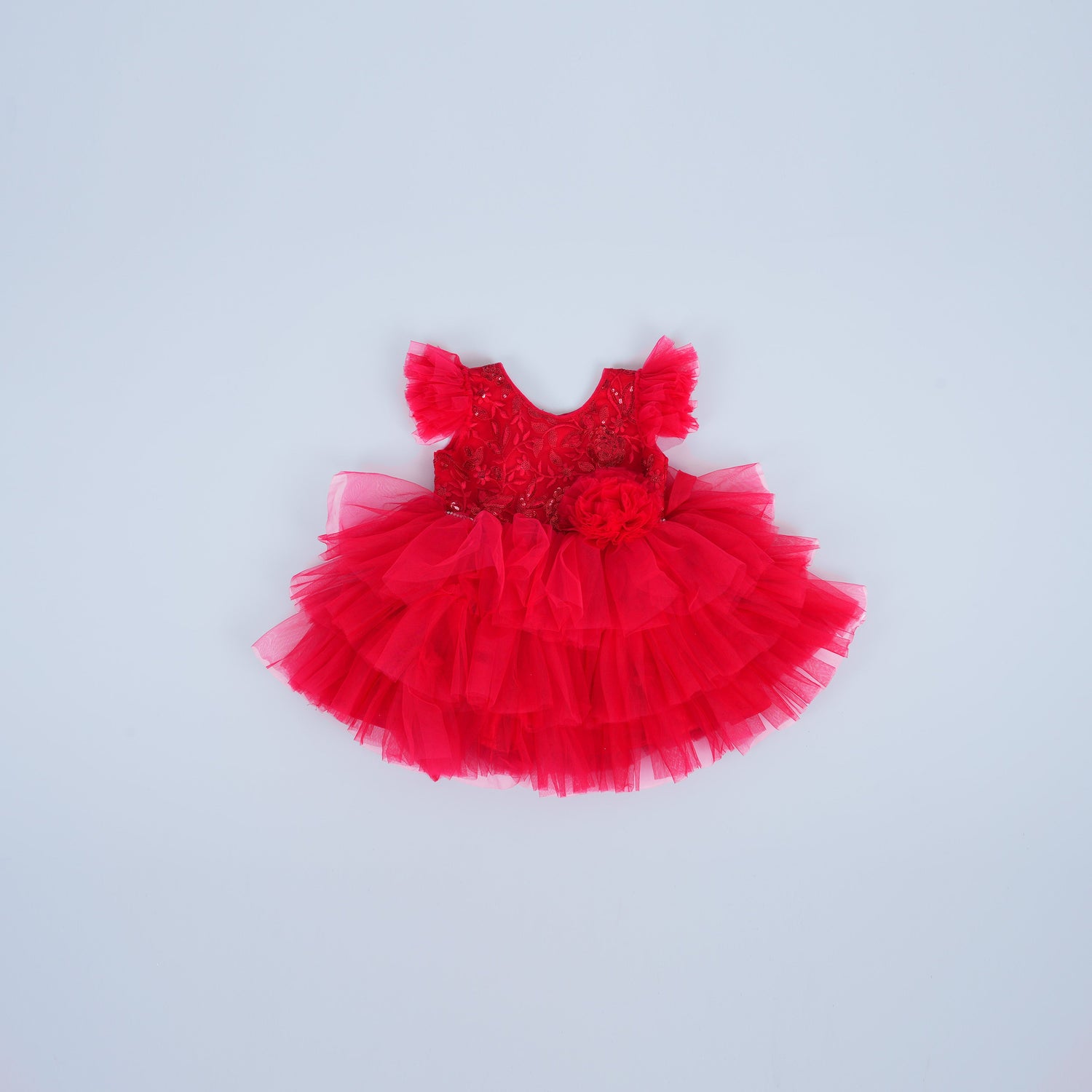 Rosy Bloom: Red Floral Tulle Frock