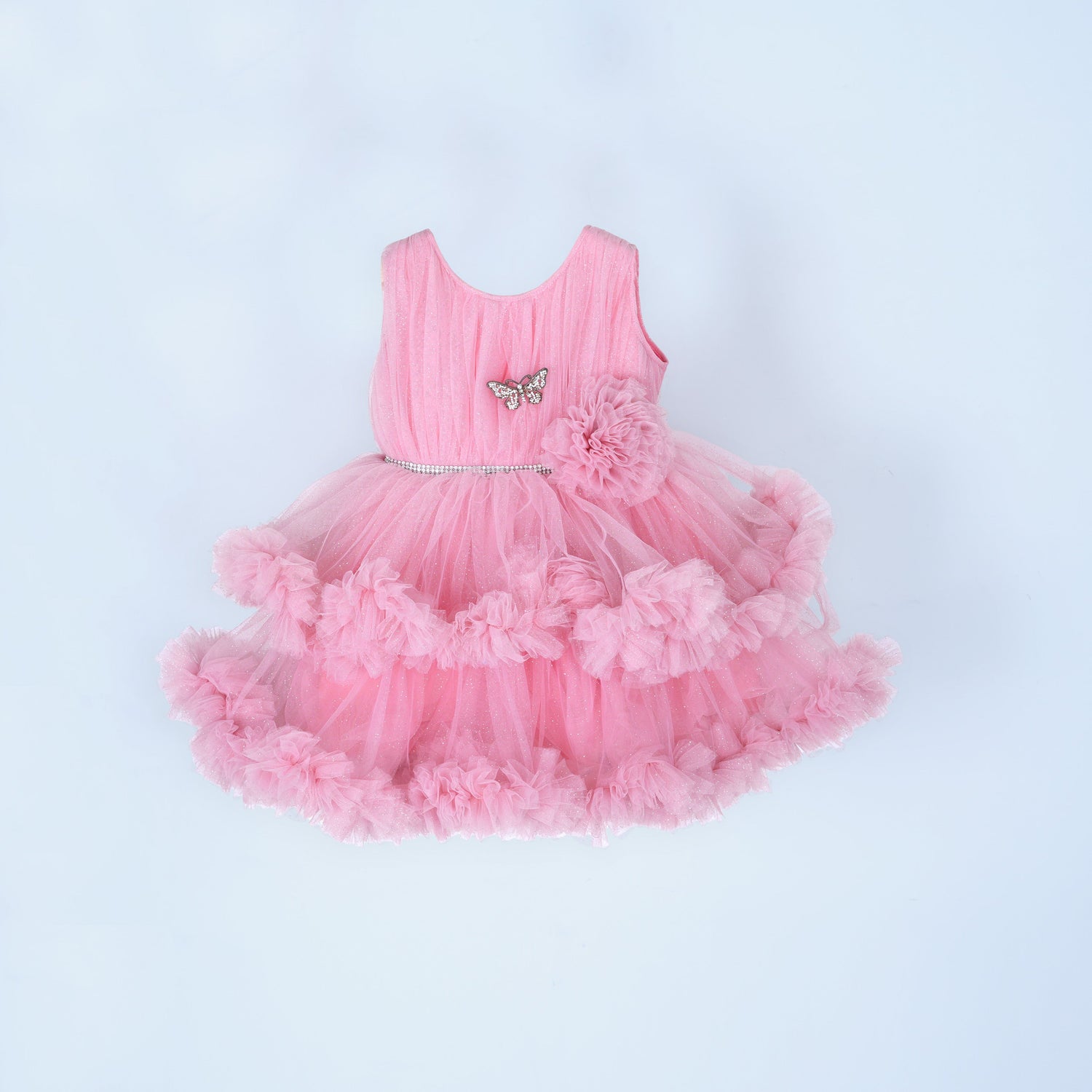 Pink Bliss: Layered Party Dress with Butterfly Accent