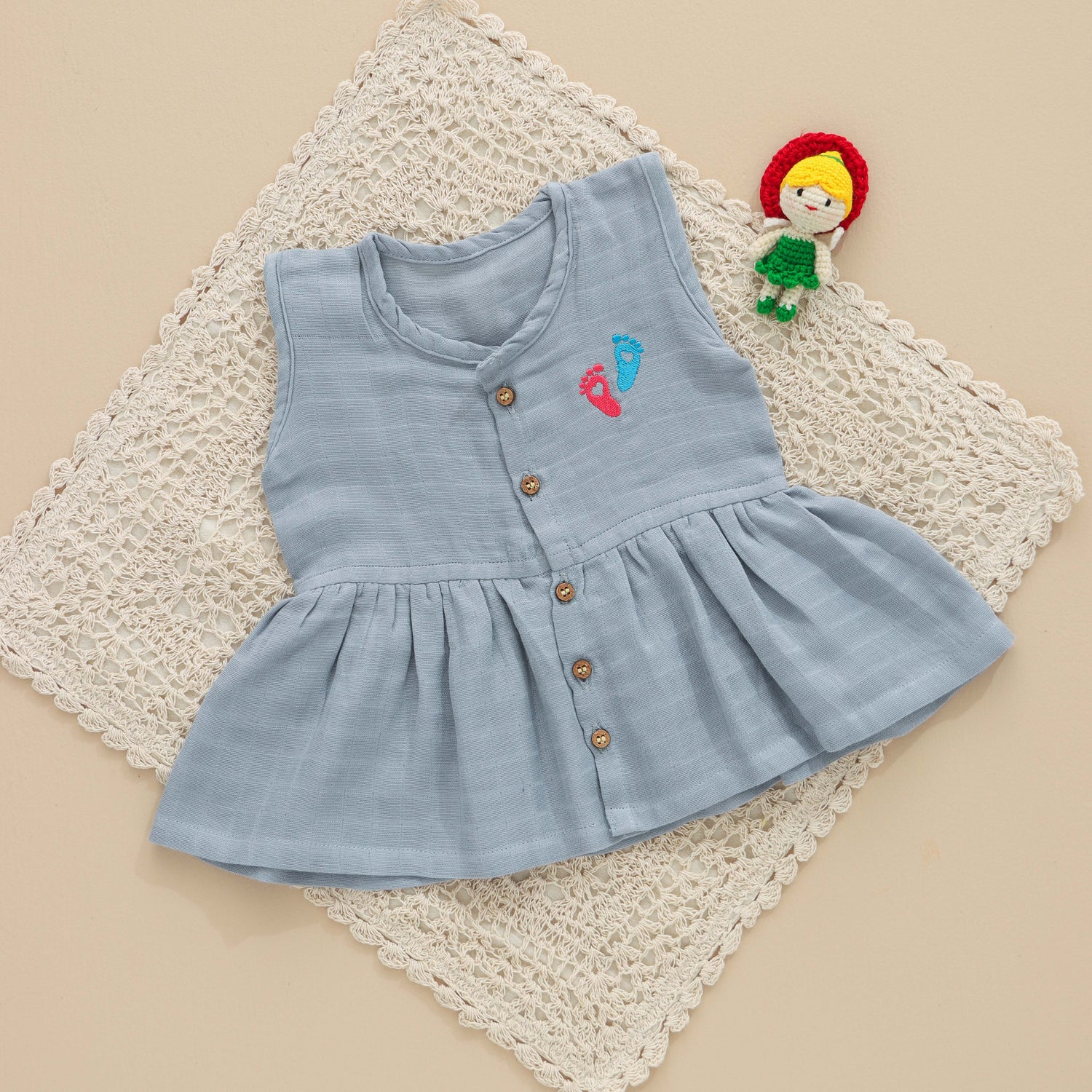 Grey Muslin Baby Frock – Soft & Breathable with Wooden Buttons - SSEF01