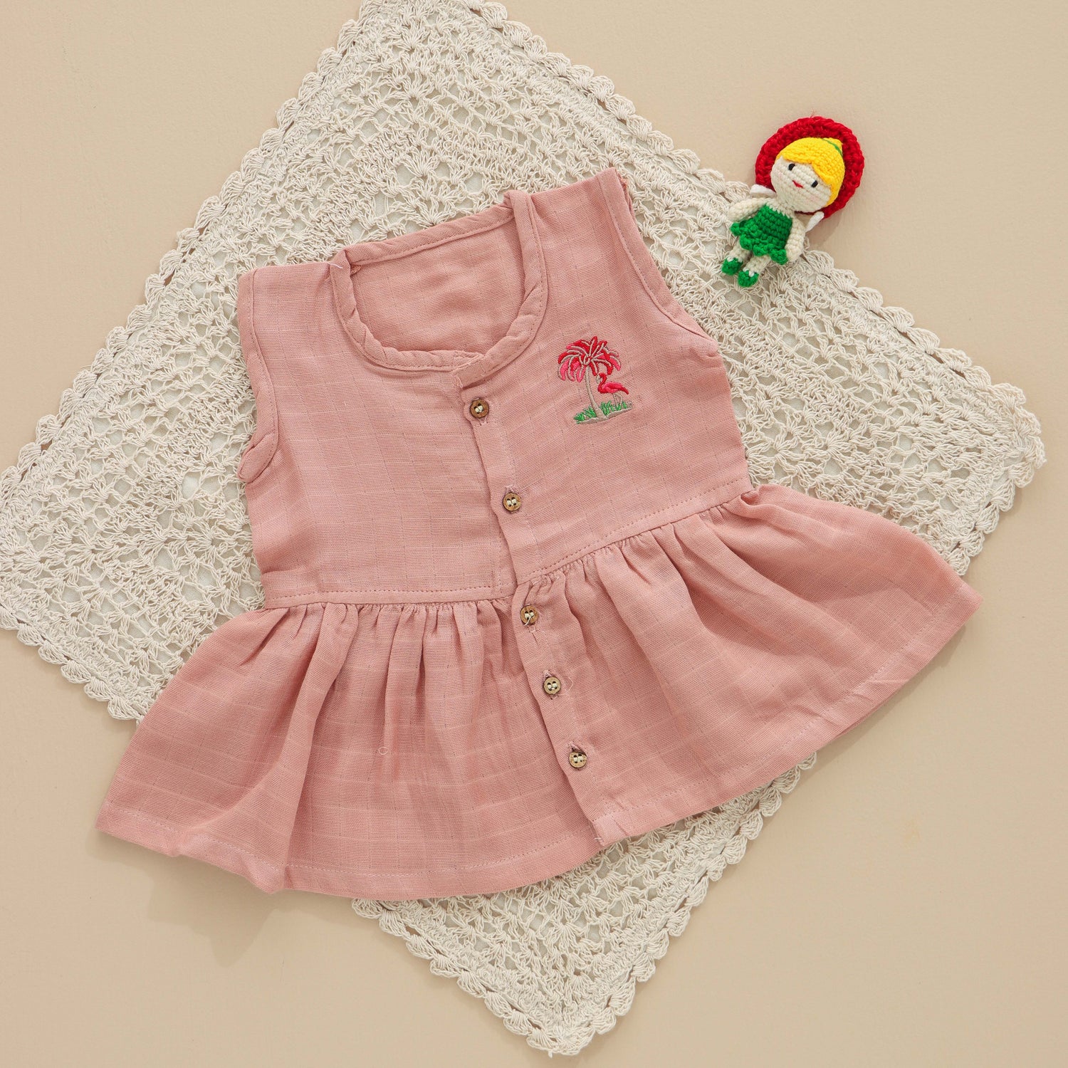 Peach Muslin Baby Frock – Soft & Breathable with Wooden Buttons - SSEF02