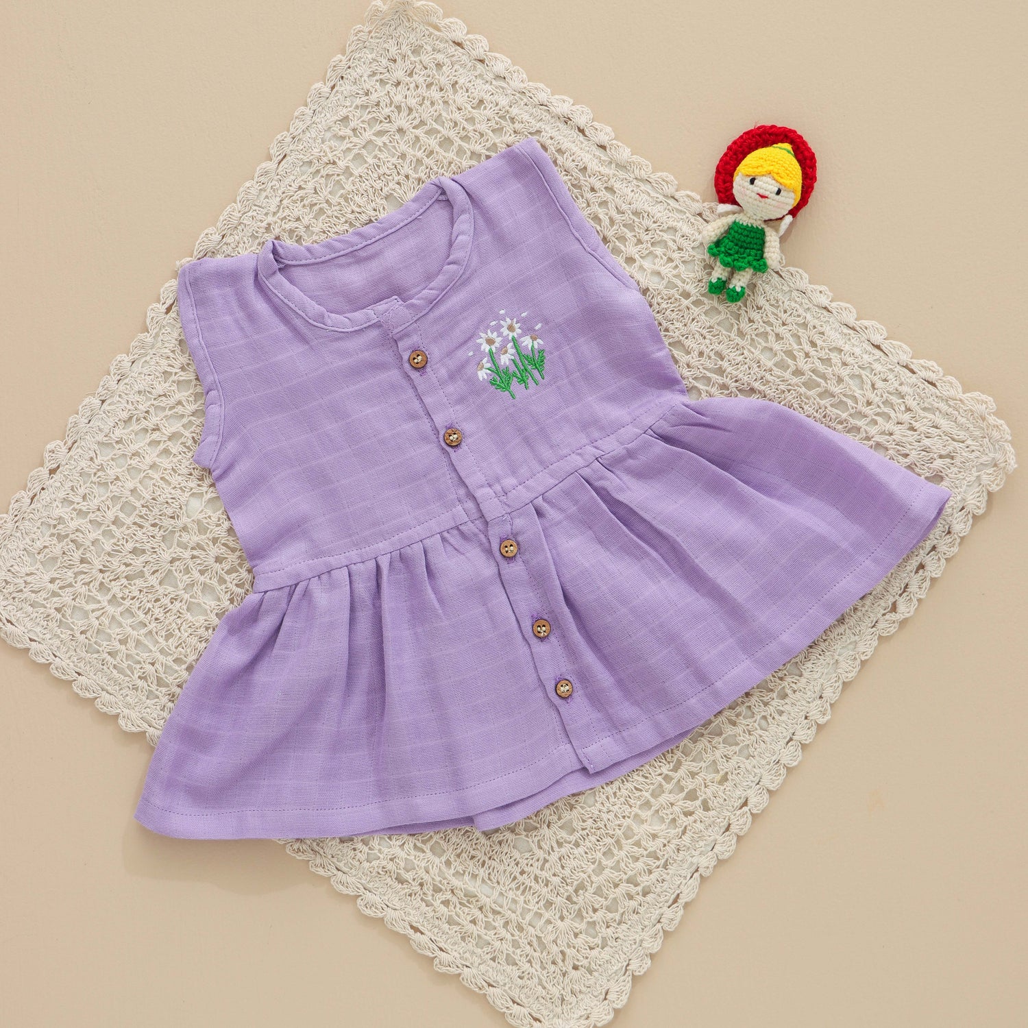 Purple Muslin Baby Frock – Soft & Breathable with Wooden Buttons - SSEF03